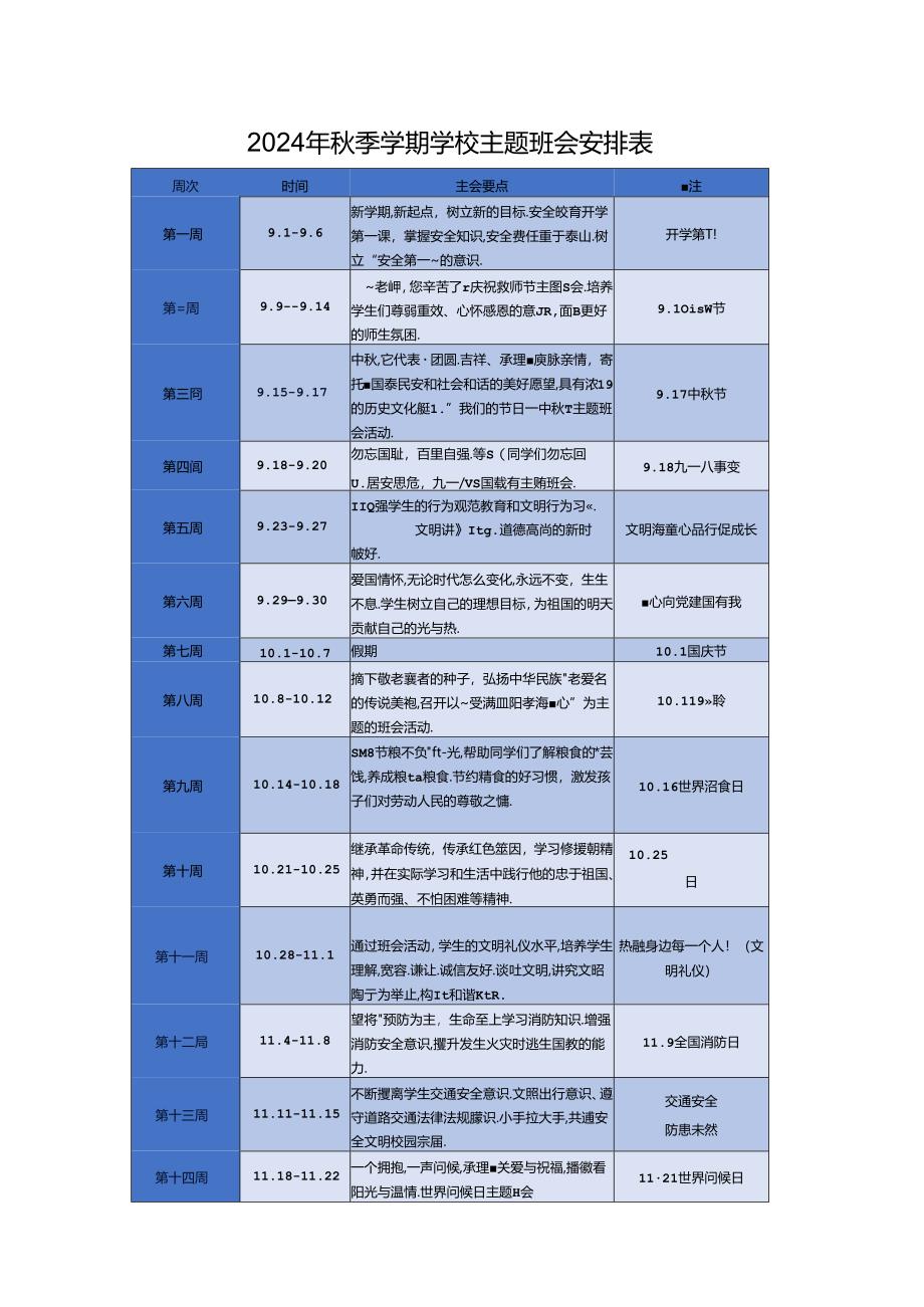 2024-2025学年第一学期中小学校主题班会安排表.docx_第1页