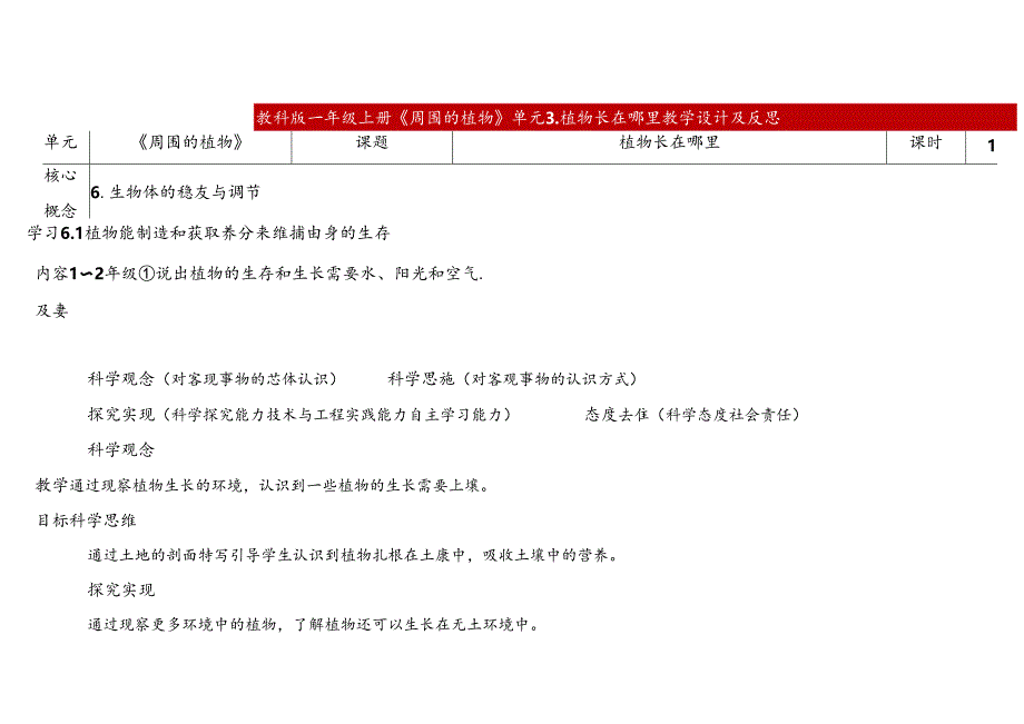 1.3 《植物长在哪里》表格式教学设计 2024一年级上册科学教科版.docx_第1页