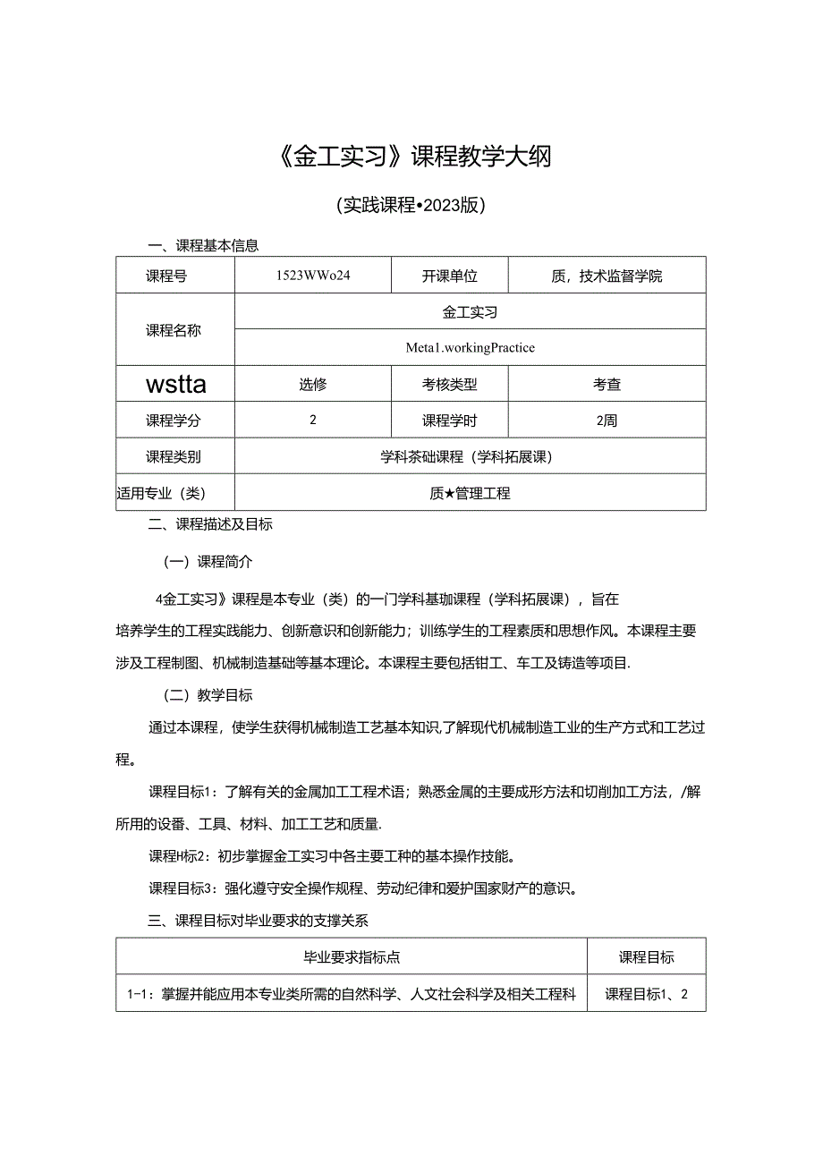 1523D08024-金工实习-2023版人才培养方案课程教学大纲.docx_第1页