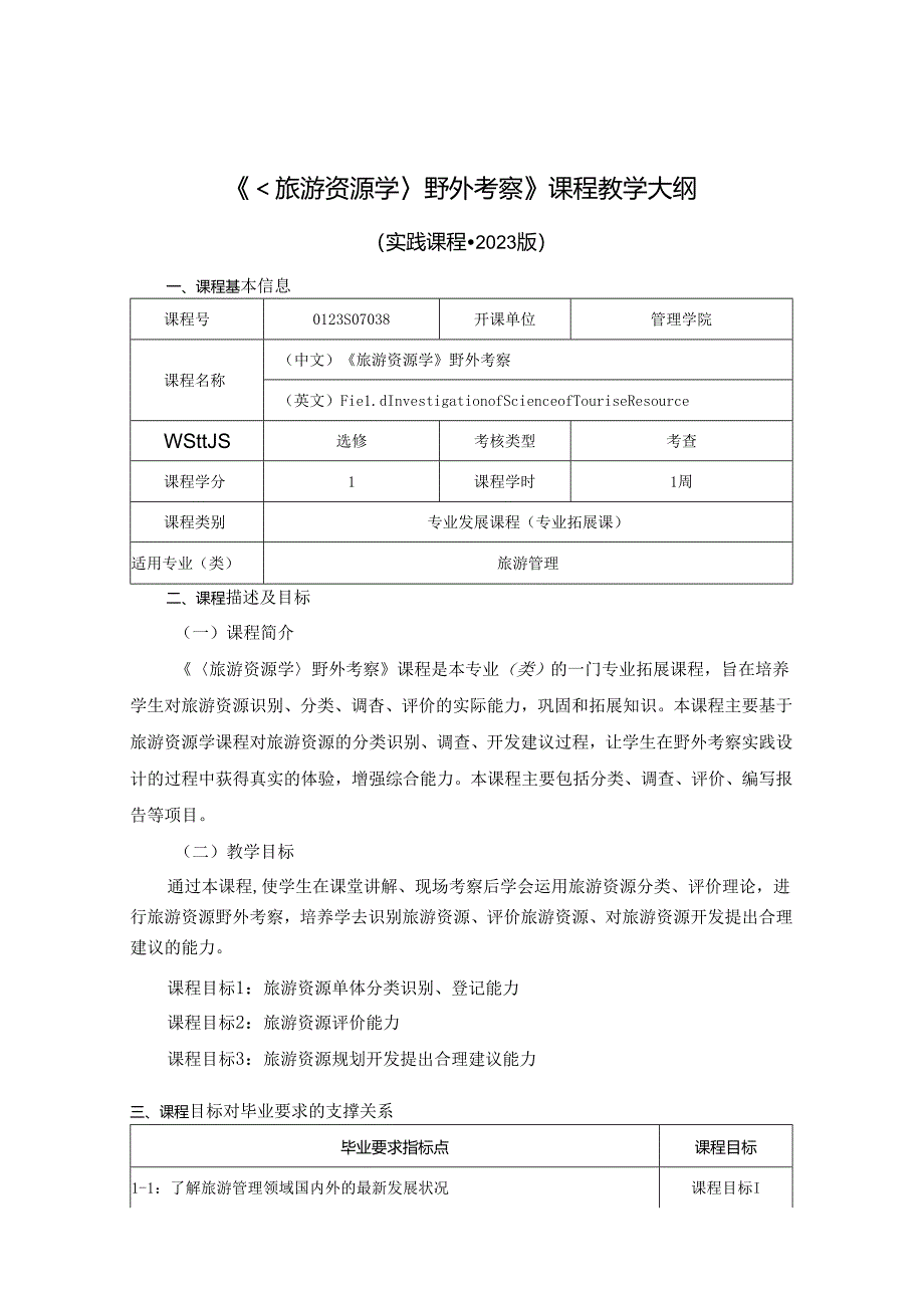 0423S07038-《旅游资源学》野外考察-2023版人才培养方案课程教学大纲.docx_第1页