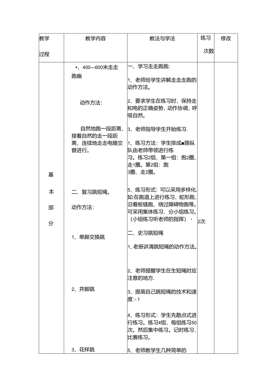 1、走跑交替2、复习跳短绳3、趣味游戏：两人三脚走.docx_第2页