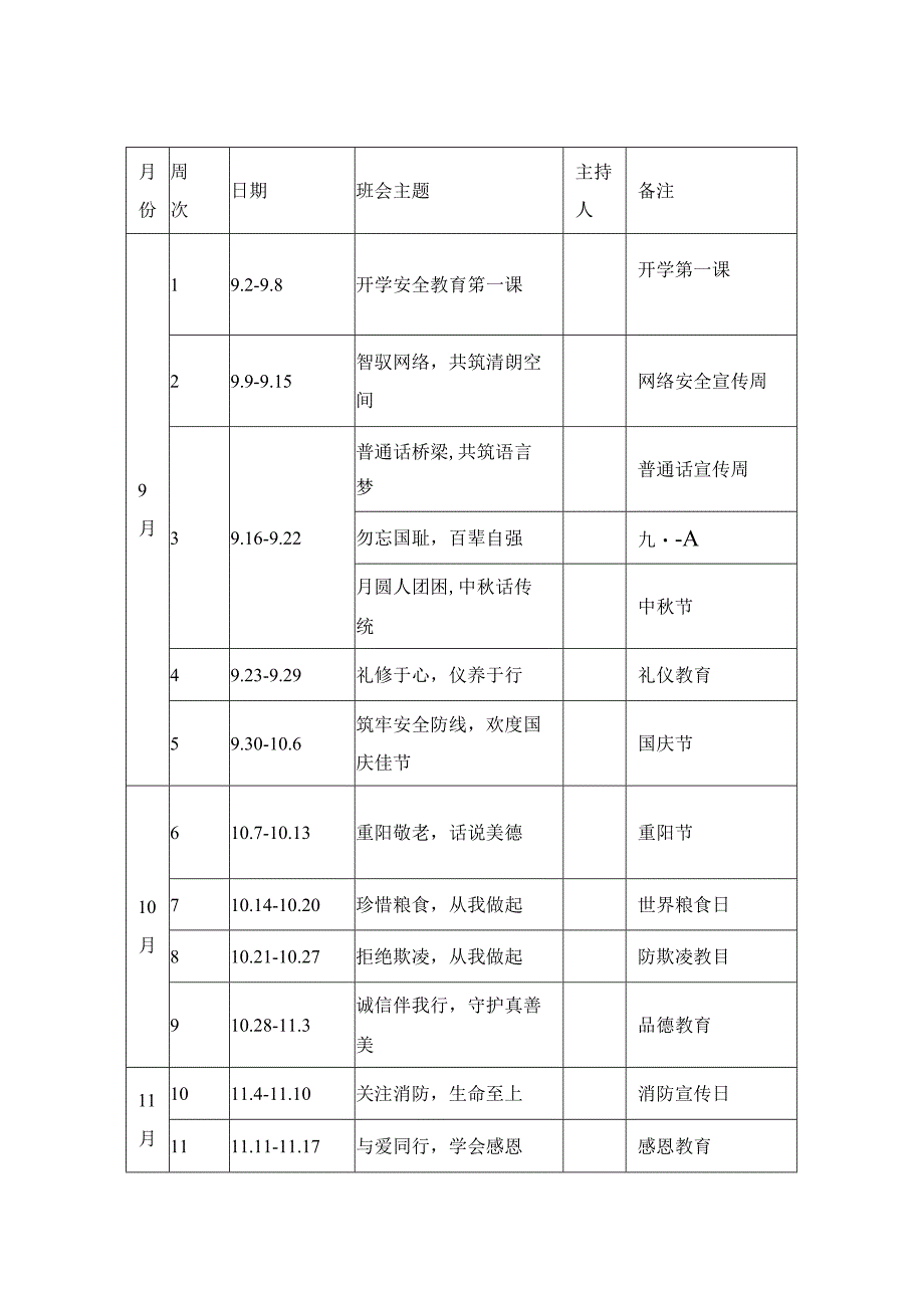 2024-2025学年度第一学期主题班会安排表.docx_第1页