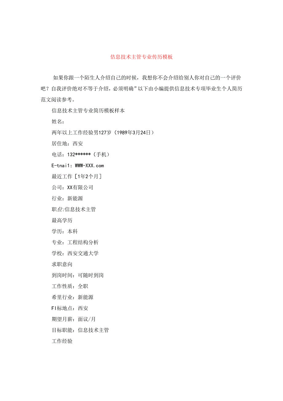 信息技术主管专业简历模板.docx_第1页