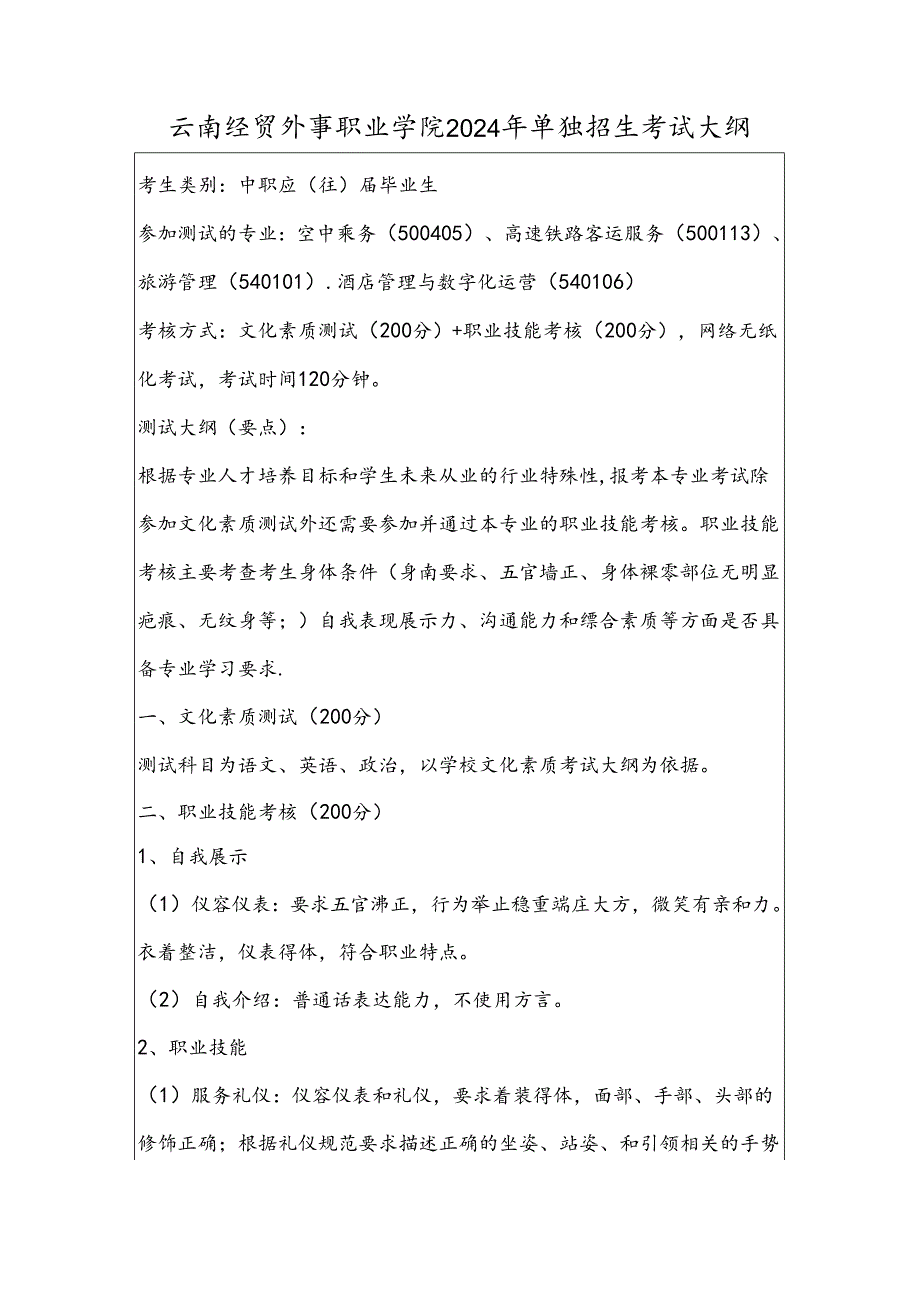 云南经贸外事职业学院2024年单独招生考试大纲——高铁乘务类（中职）.docx_第1页