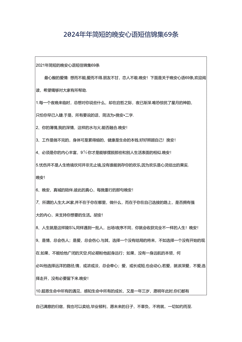 2024年年简短的晚安心语短信锦集69条.docx_第1页