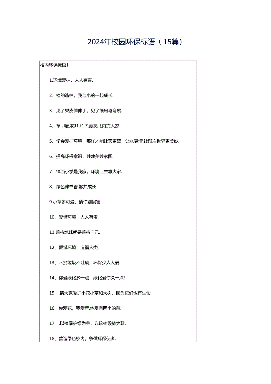 2024年校园环保标语(15篇).docx_第1页