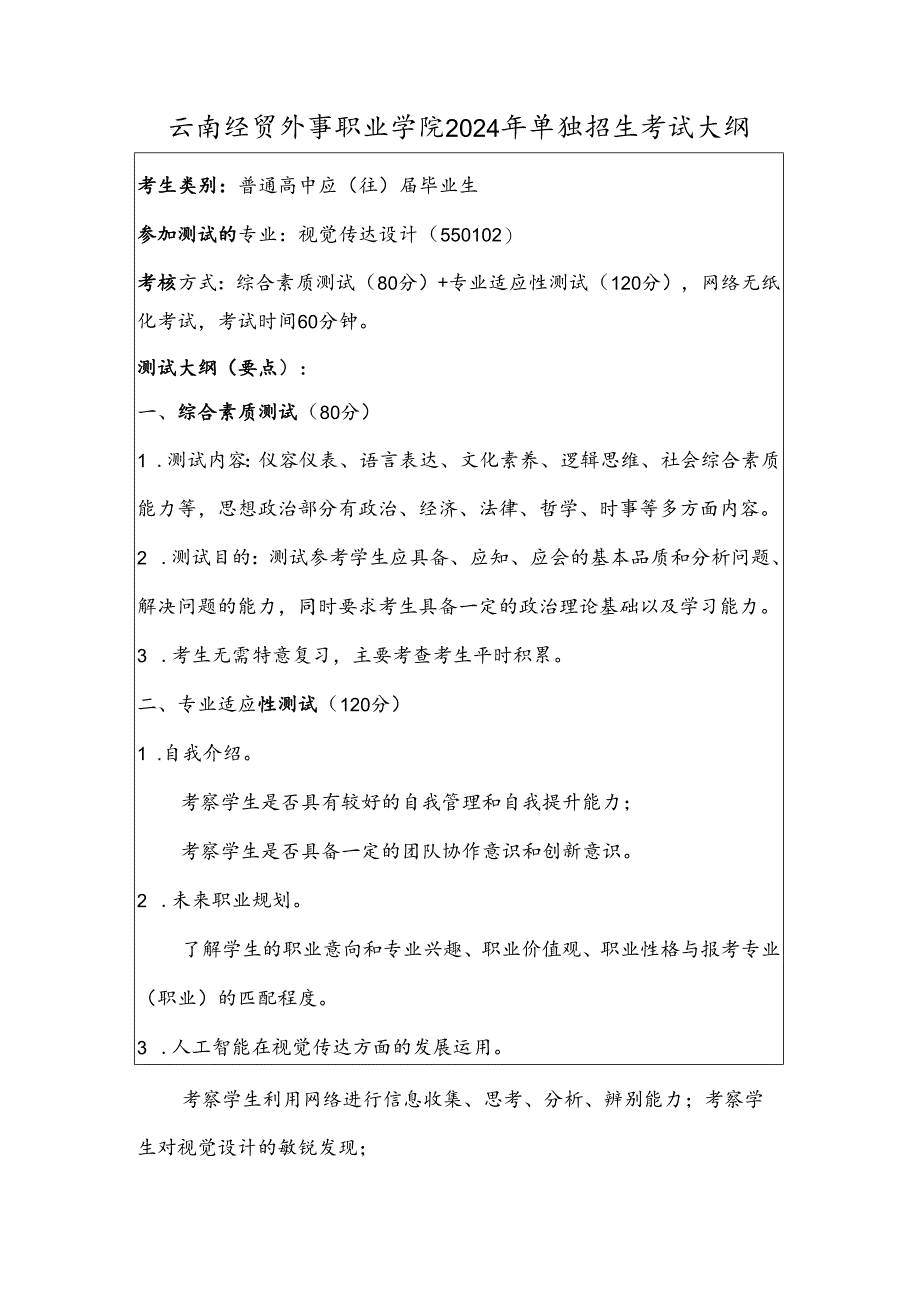 云南经贸外事职业学院2024年单独招生考试大纲——视觉传达设计专业（普高）.docx_第1页