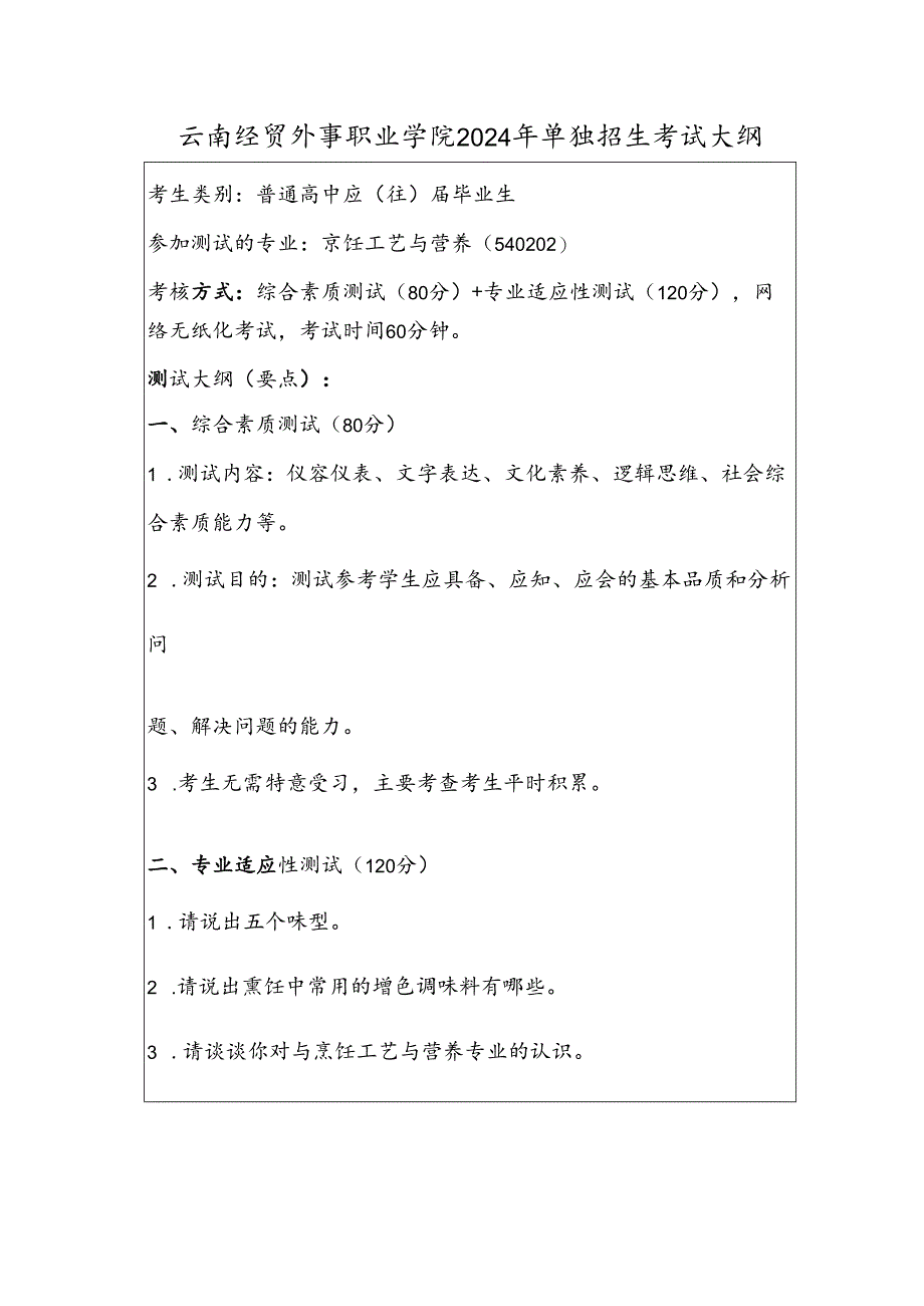 云南经贸外事职业学院2024年单独招生考试大纲——烹饪工艺与营养专业（普高）.docx_第1页