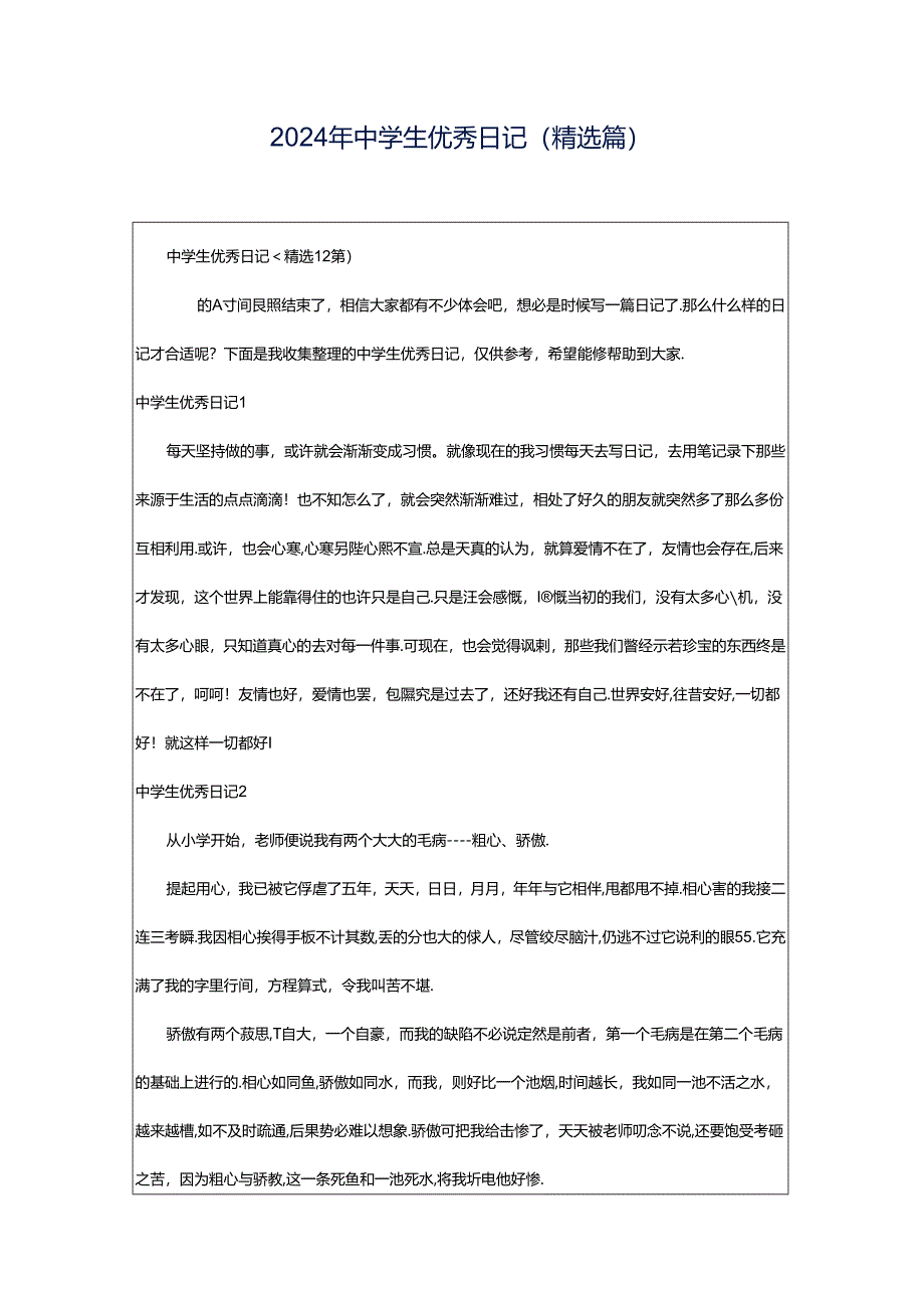 2024年中学生优秀日记(精选篇).docx_第1页