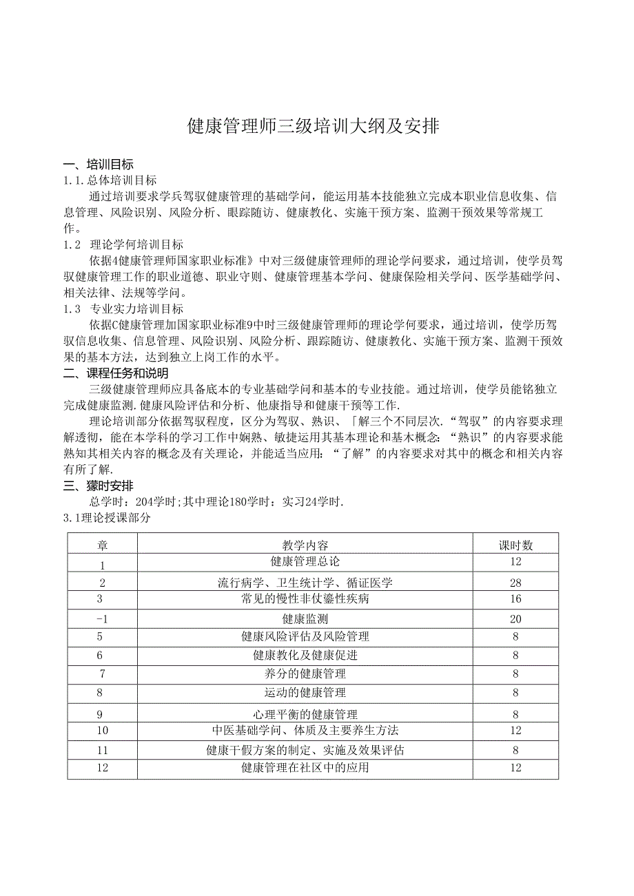 健康管理师培训大纲及课时计划.docx_第1页