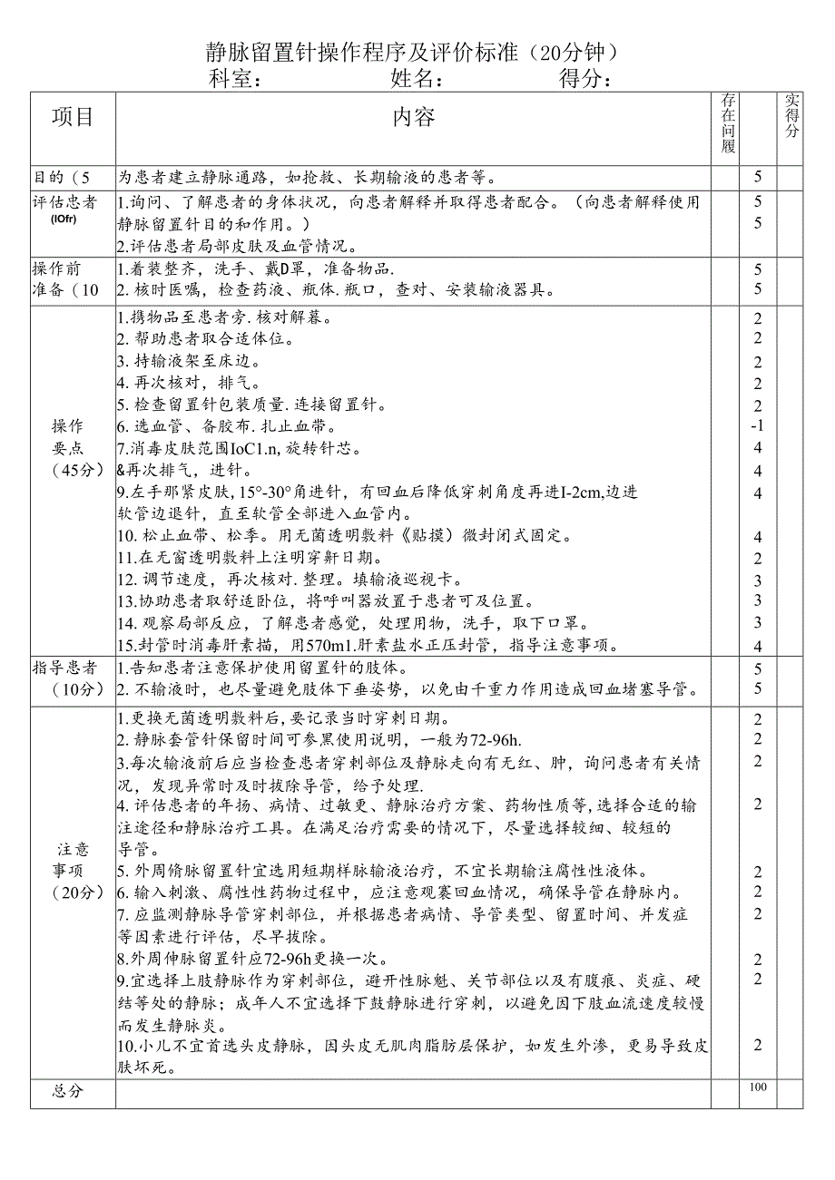 体表留置针操作技术评分标准.docx_第1页