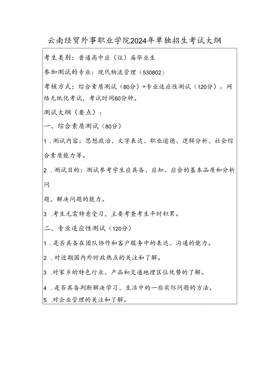 云南经贸外事职业学院2024年单独招生考试大纲——现代物流管理专业（普高）.docx_第1页