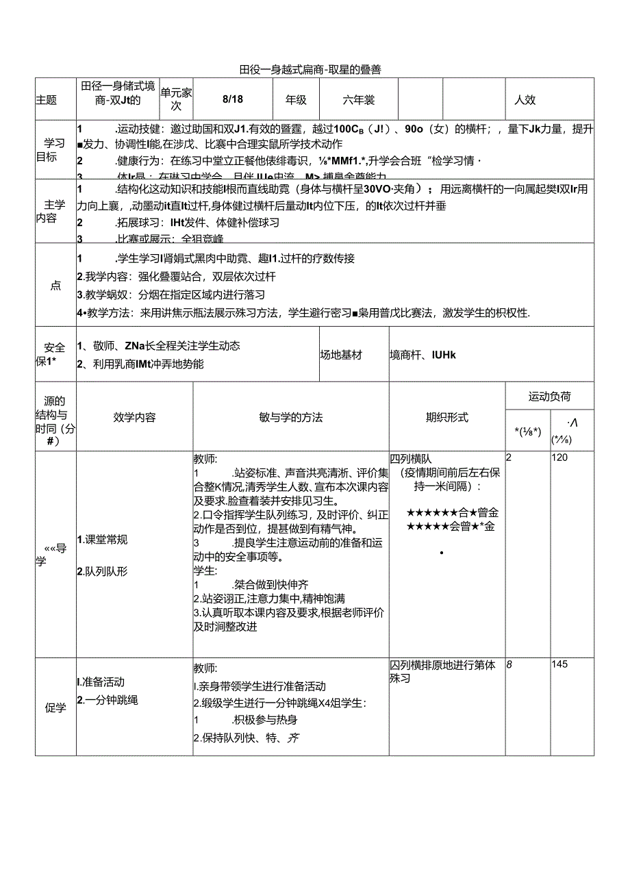 体育6年级 8田径—跨越式跳高-双腿的登摆 大单元课时教案.docx_第1页