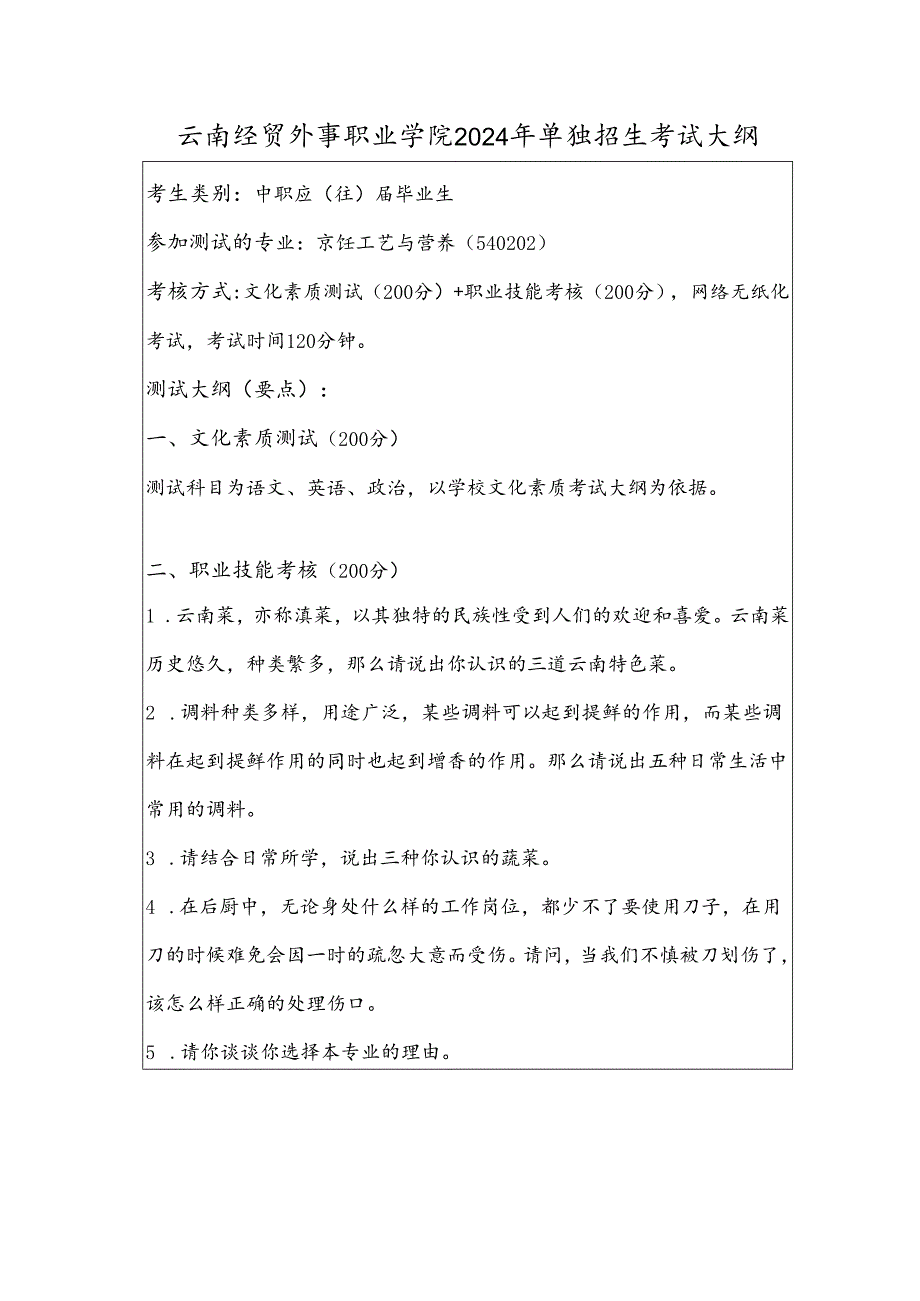 云南经贸外事职业学院2024年单独招生考试大纲——烹饪工艺与营养专业（中职）.docx_第1页