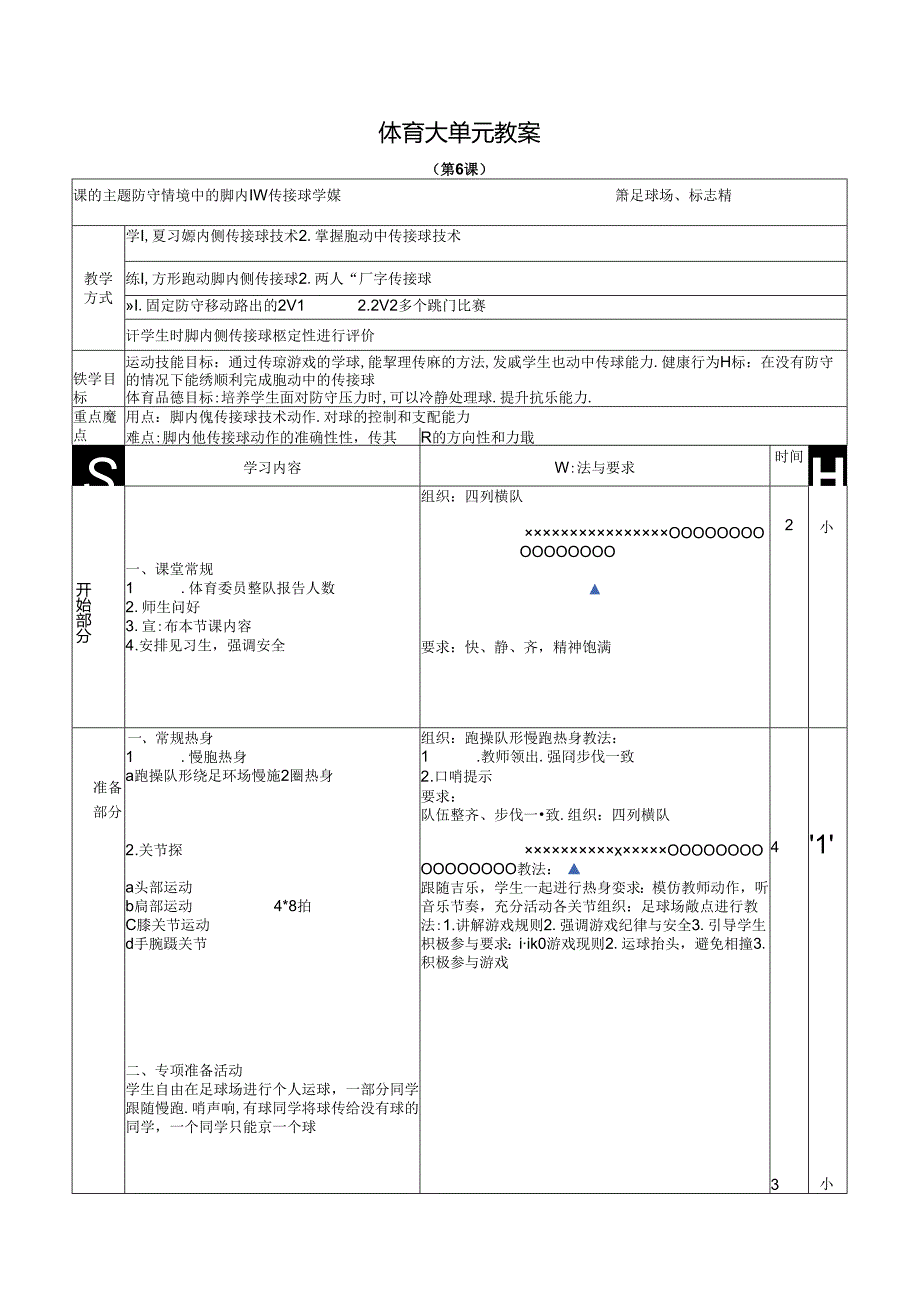 人教四年级体育与健康第6课防守情境中的脚内侧传接球学练 大单元课时教案.docx_第1页