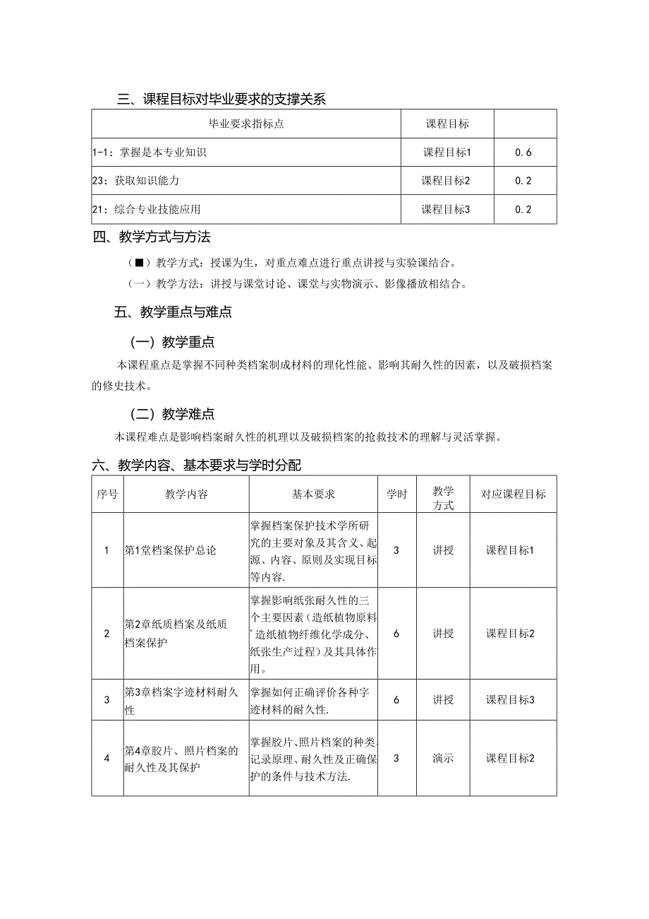 0423S06006-档案保护技术-2023版人才培养方案课程教学大纲.docx_第2页