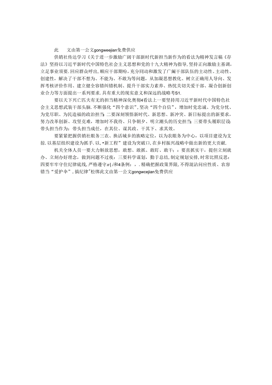 供销社传达学习《关于进一步激励广大干部新时代新担当新作为的意见》精神发言稿.docx_第1页