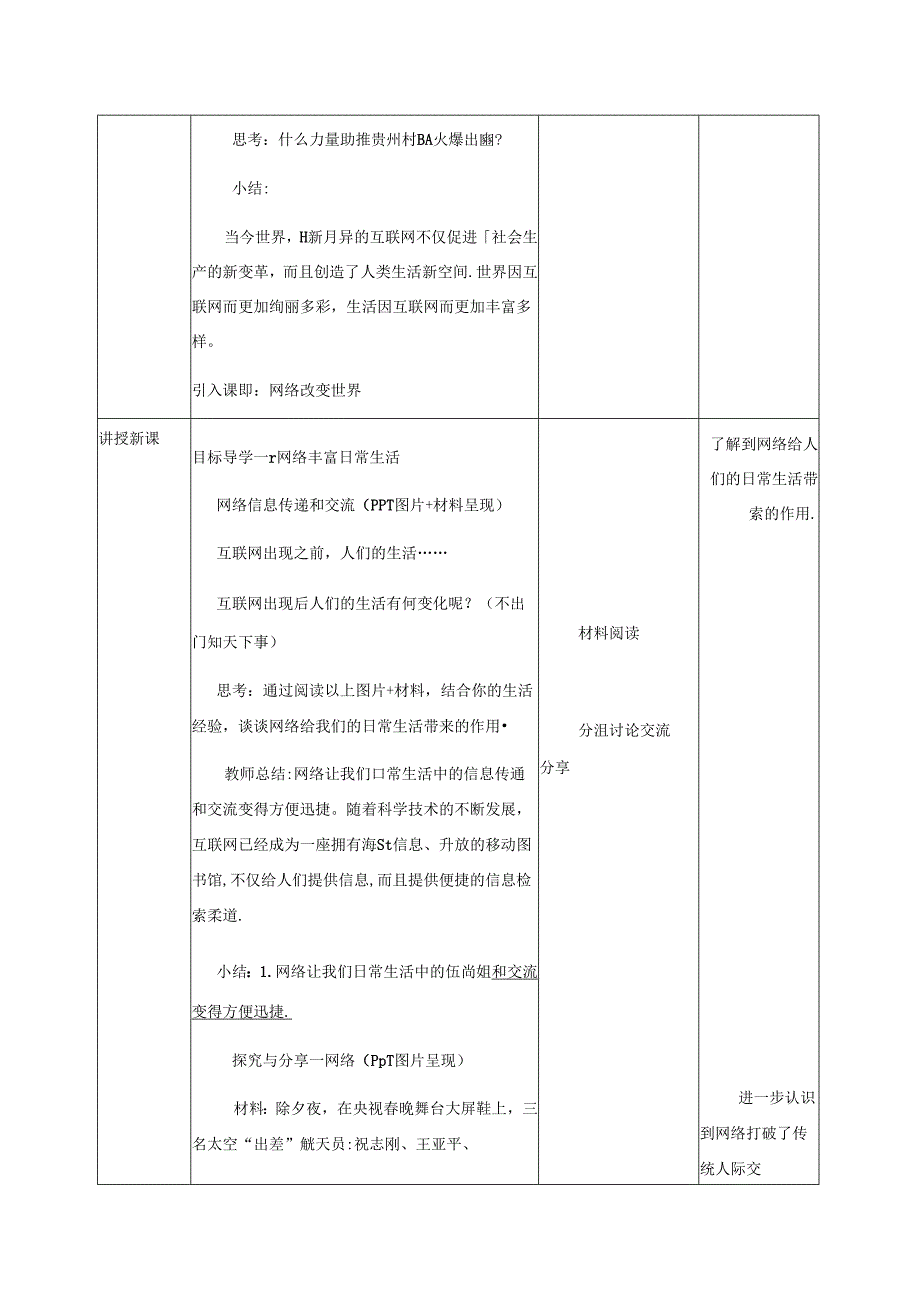 2.1网络改变世界 表格式教学设计-八年级道德与法治上册（统编版）.docx_第2页