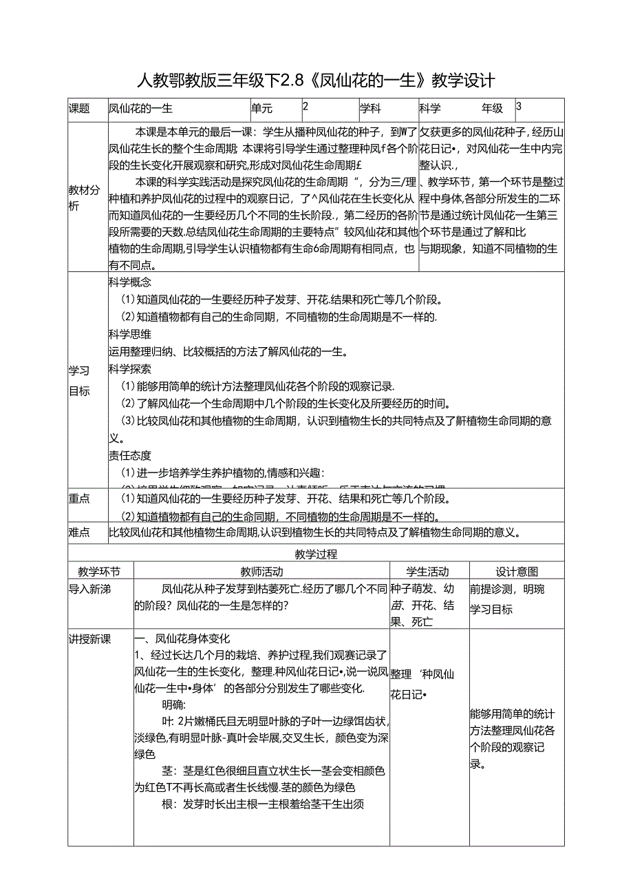 2.8《凤仙花的一生》教案 人教鄂教版小学科学三年级下册.docx_第1页