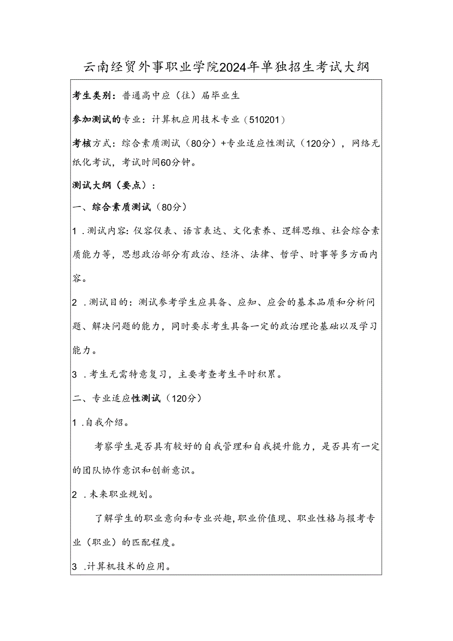 云南经贸外事职业学院2024年单独招生考试大纲——计算机应用技术专业（普高）.docx_第1页