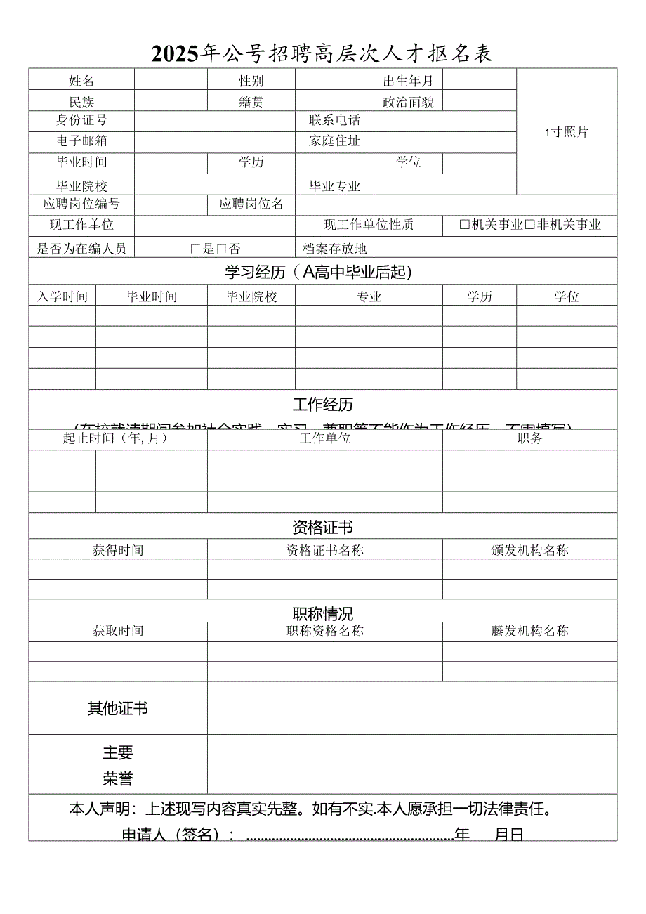 2025年公开招聘高层次人才报名表.docx_第1页