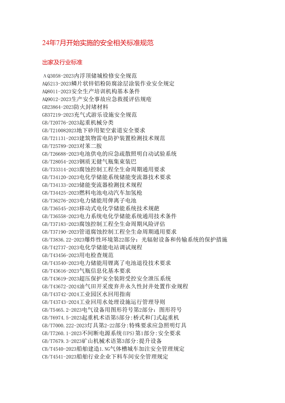 2024年7月开始实施的安全相关标准规范.docx_第1页