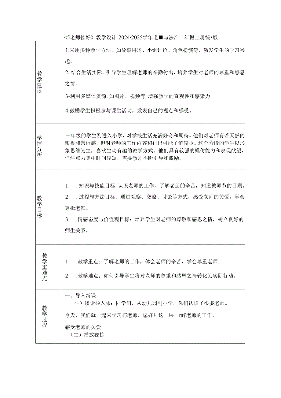 《5 老师 您好》教学设计-2024-2025学年道德与法治一年级上册统编版（表格版）.docx_第1页