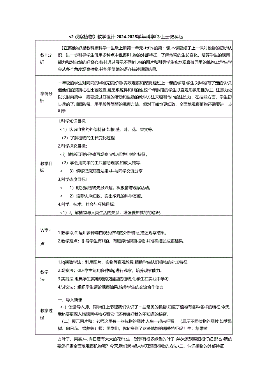 《2. 观察植物》教学设计-2024-2025学年科学一年级上册教科版.docx_第1页