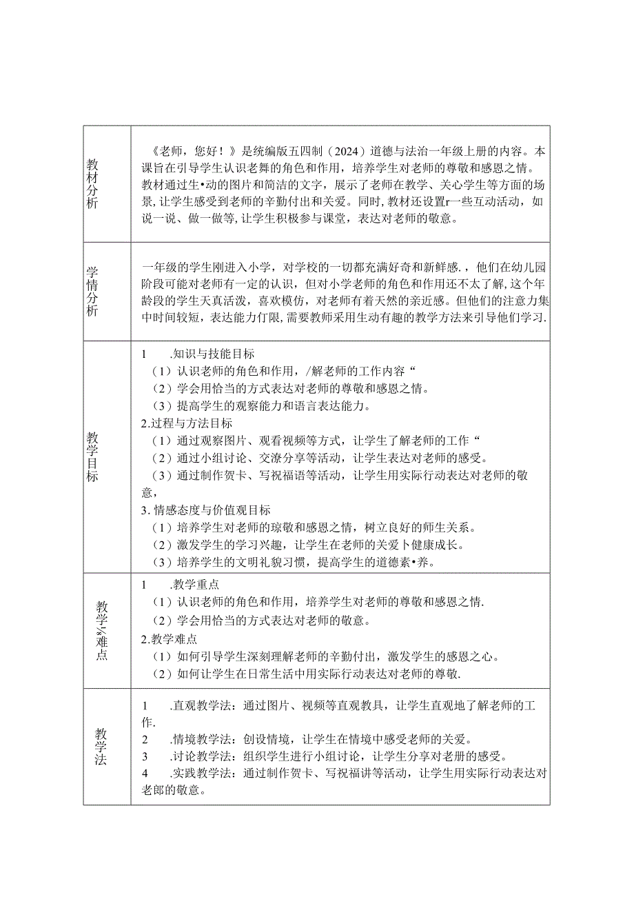 《5 老师您好！》教学设计2024-2025学年道德与法治一年级上册统编版五四制（2024）.docx_第1页