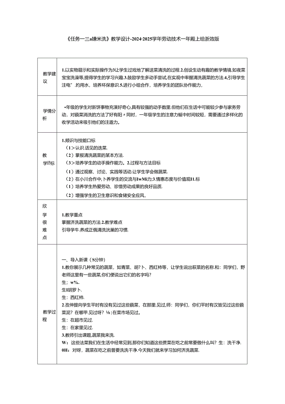 《任务一 蔬菜我来洗》教学设计-2024-2025学年劳动技术一年级上册浙教版.docx_第1页