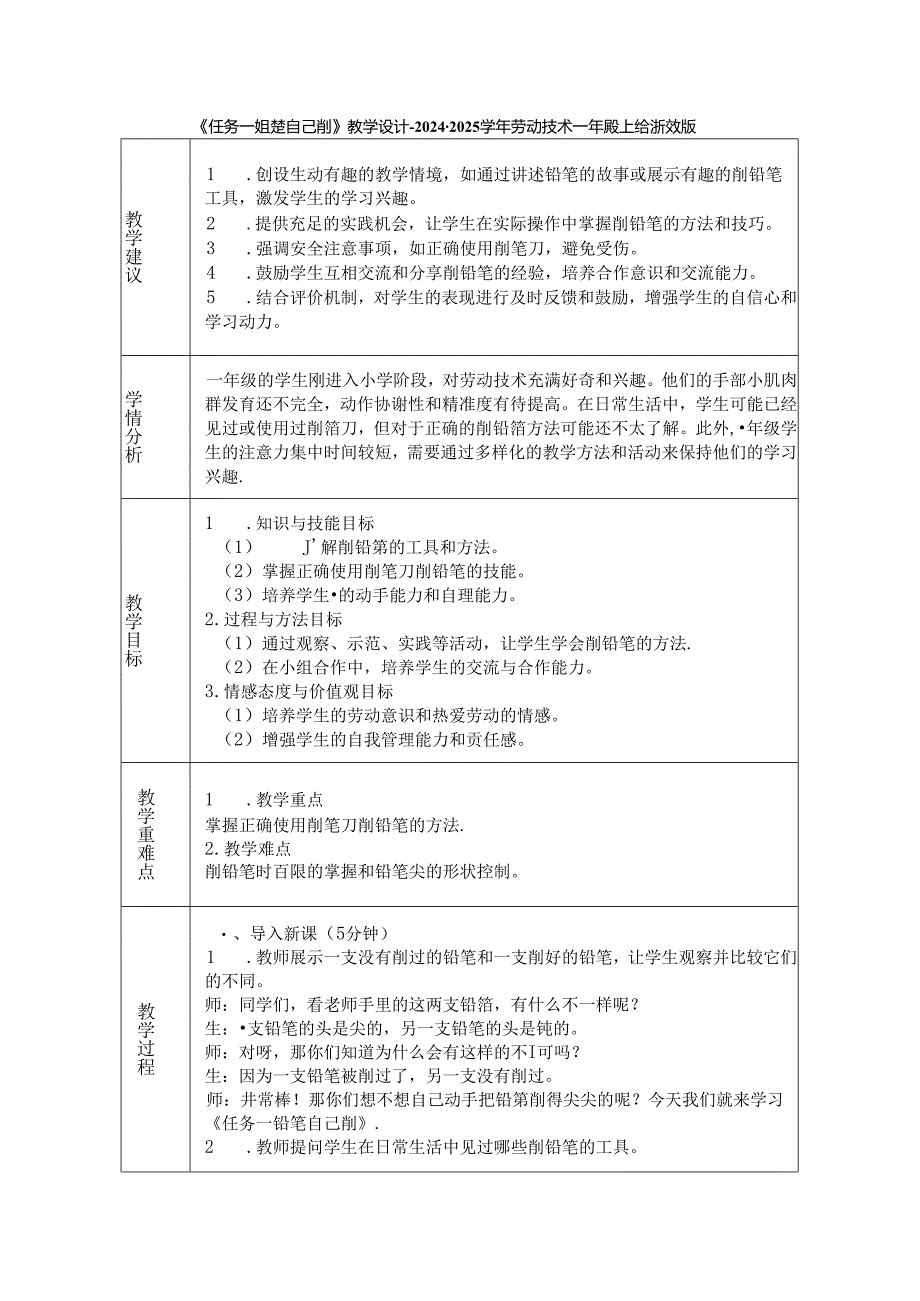 《任务一 铅笔自己削》教学设计-2024-2025学年劳动技术一年级上册浙教版.docx_第1页