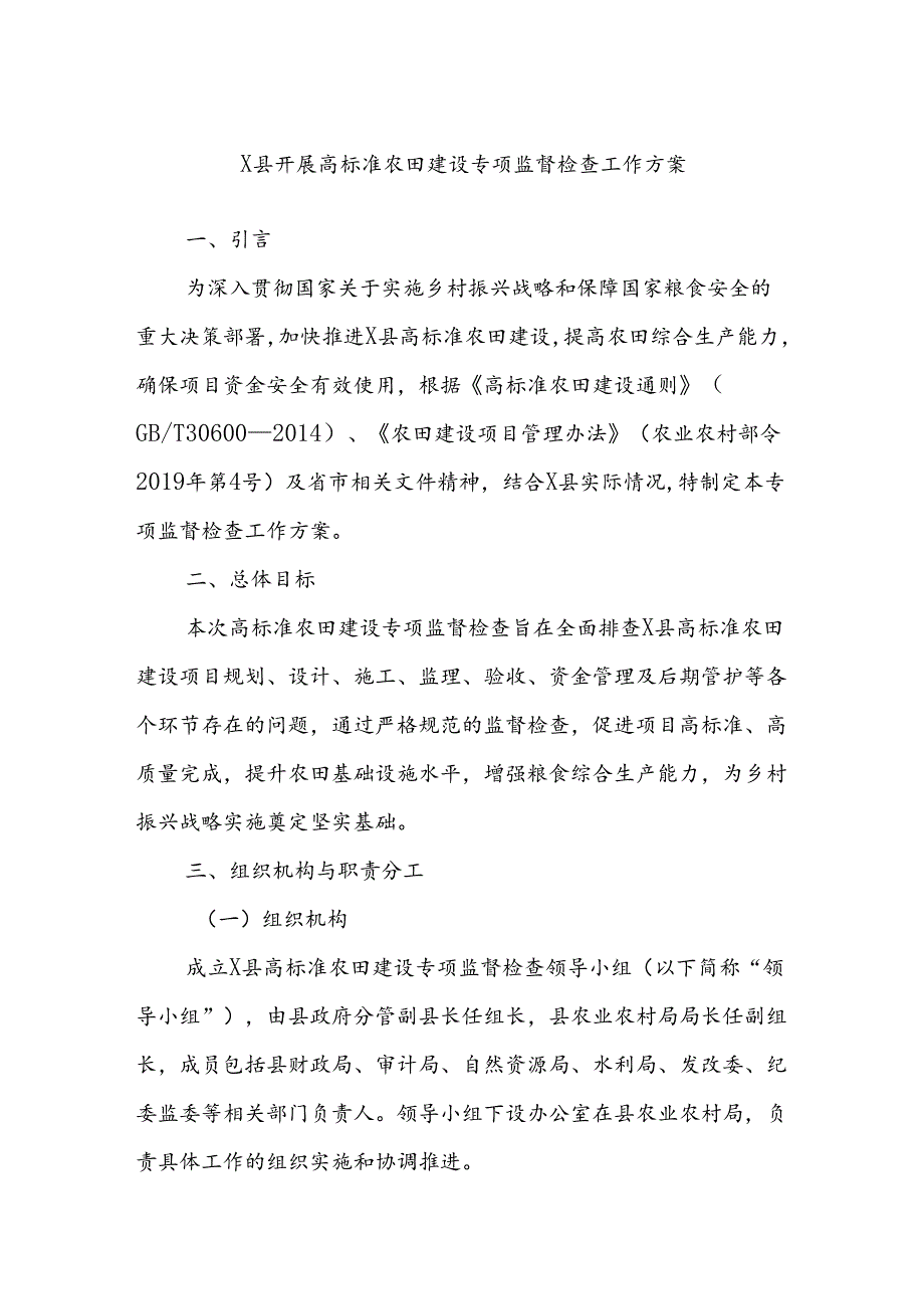 X县开展高标准农田建设专项监督检查工作方案.docx_第1页