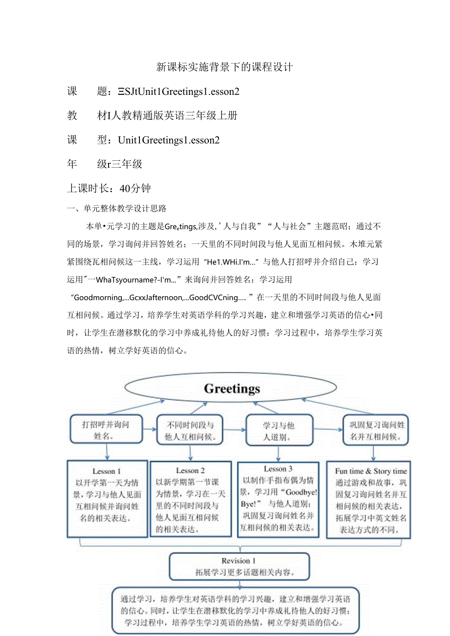 人教精通版三上 Unit 1 Greetings Lesson 2单元教学设计.docx_第1页