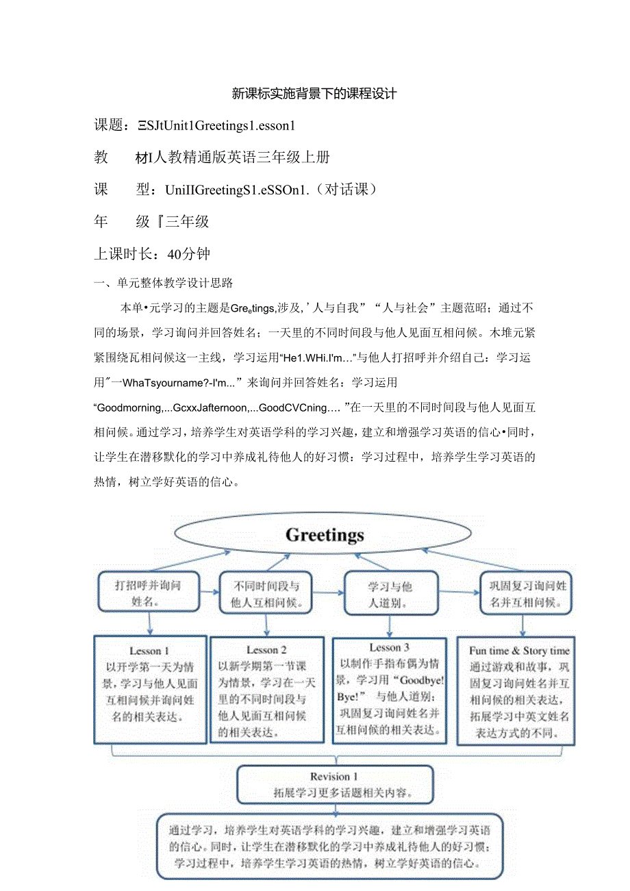 人教精通版三上 Unit 1 Greetings Lesson 1单元教学设计.docx_第1页