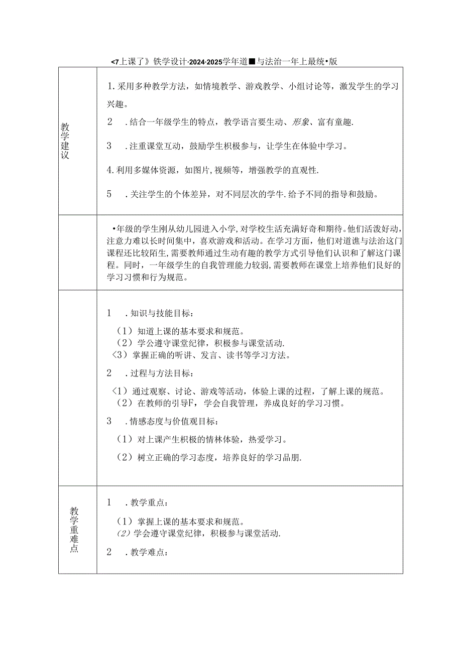 《7 上课了》教学设计-2024-2025学年道德与法治一年级上册统编版（表格版）.docx_第1页