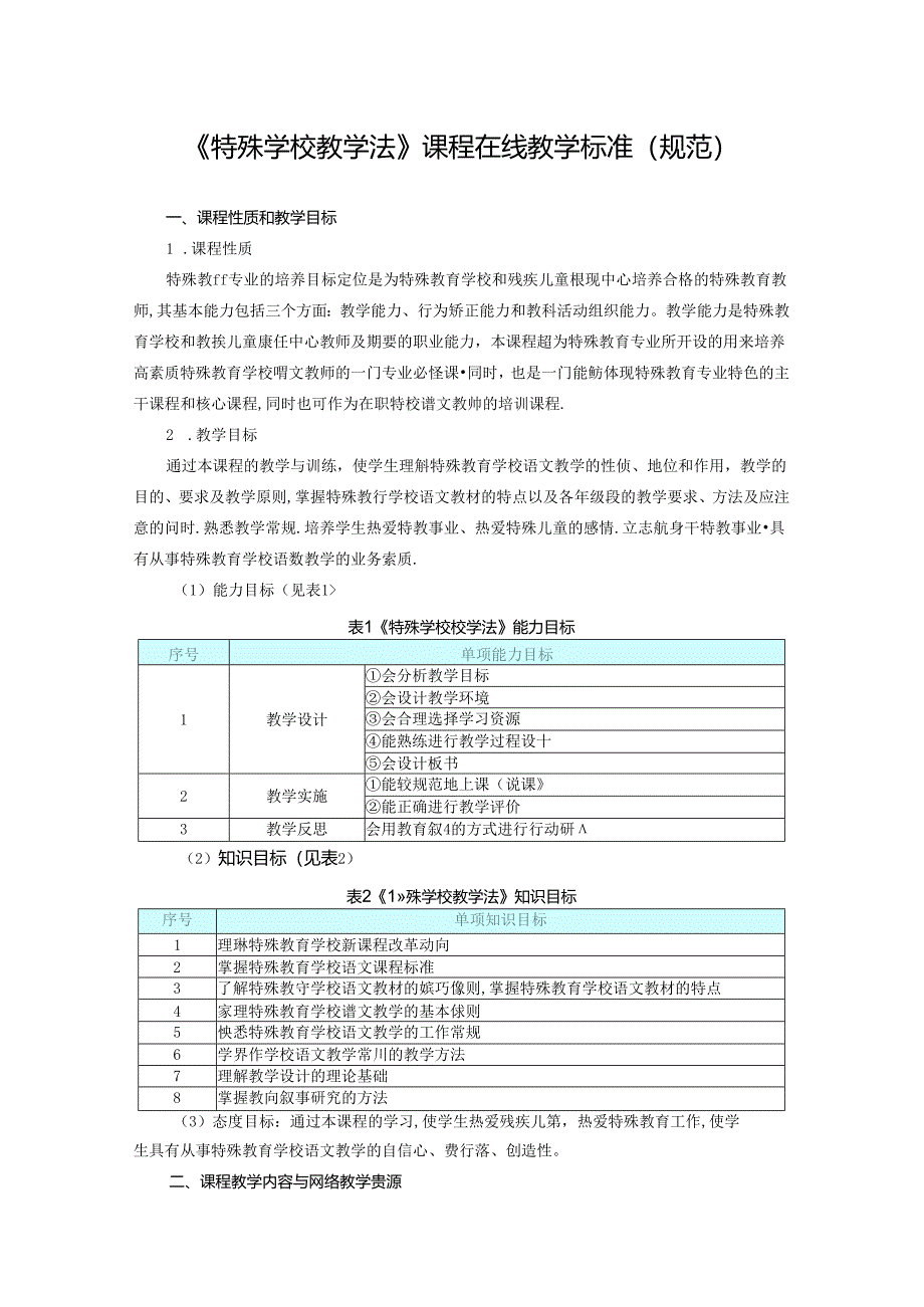 《特殊学校教学法》课程在线教学标准（规范）.docx_第1页