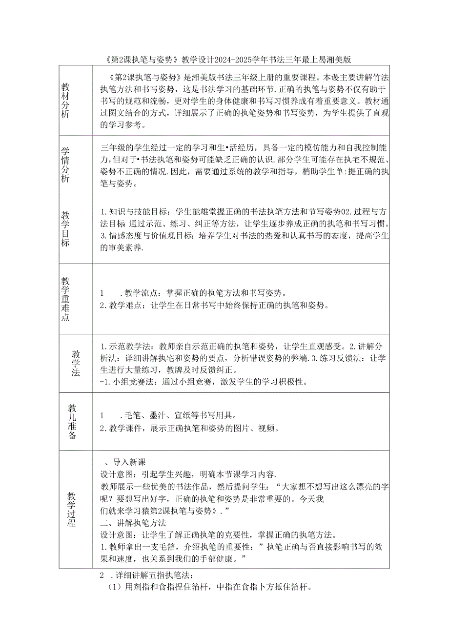 《第2课 执笔与姿势》教学设计2024-2025学年书法三年级上册湘美版.docx_第1页