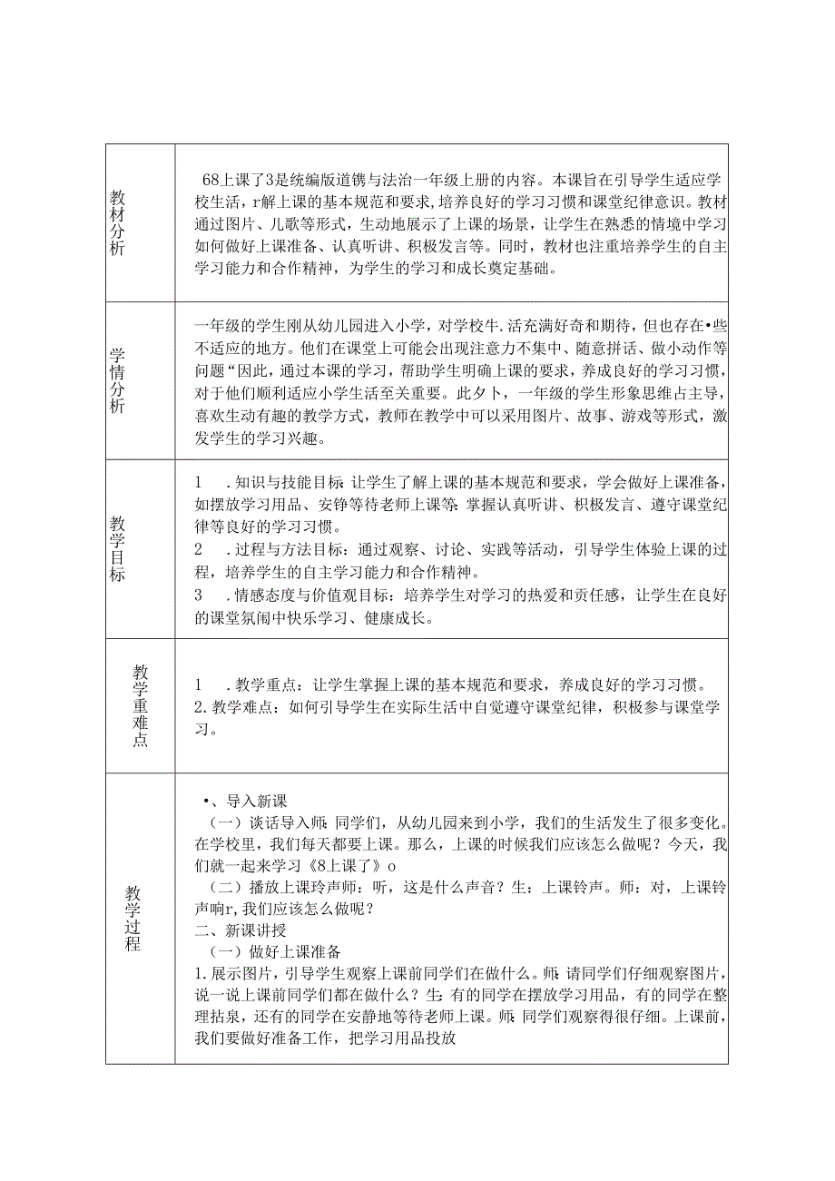 《8 上课了》教学设计2024-2025学年道德与法治一年级上册统编版（表格表）.docx_第1页