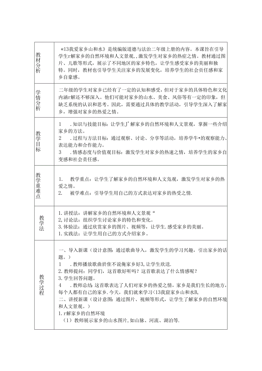 《13 我爱家乡山和水》教学设计-2024-2025学年道德与法治二年级上册统编版.docx_第1页