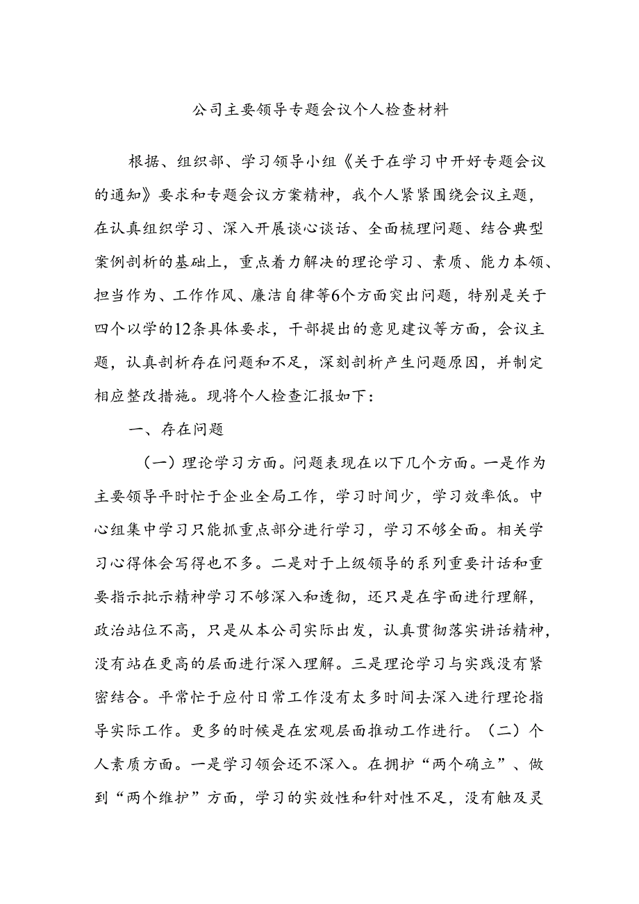 公司主要领导专题会议个人检查材料.docx_第1页