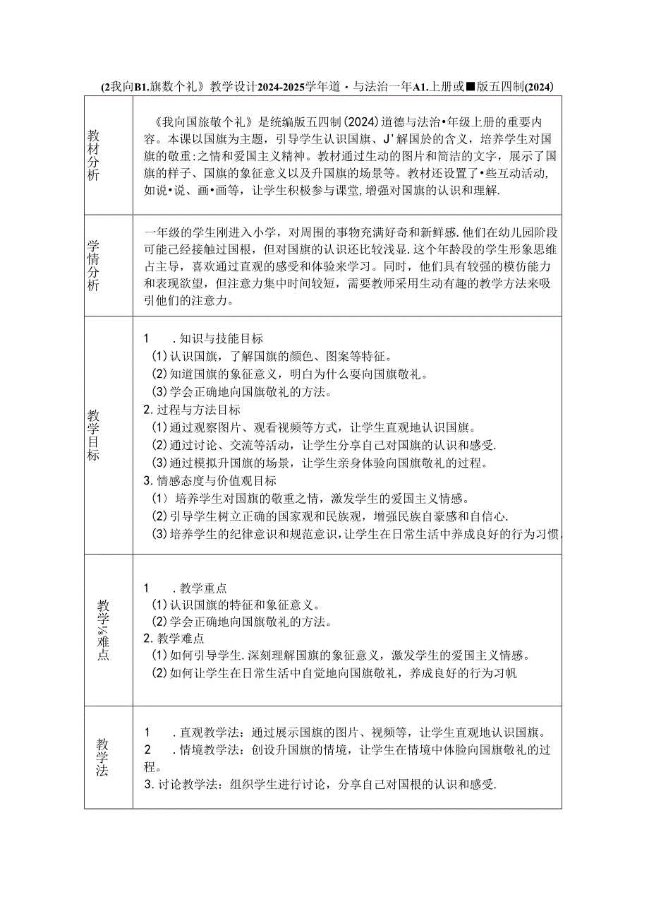 《2 我向国旗敬个礼》教学设计2024-2025学年道德与法治一年级上册统编版五四制（2024）.docx_第1页