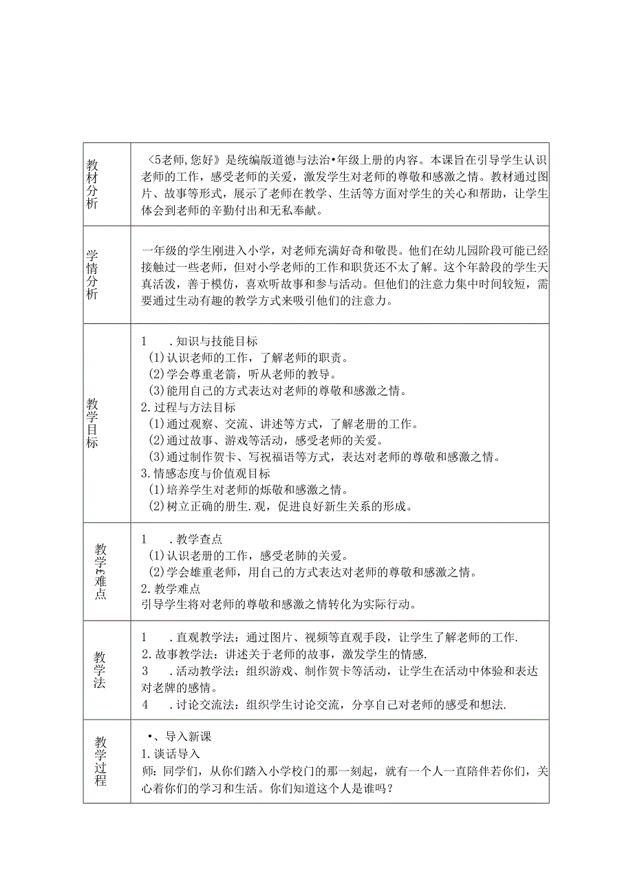 《5 老师 您好》教学设计-2024-2025学年道德与法治一年级上册统编版.docx_第1页