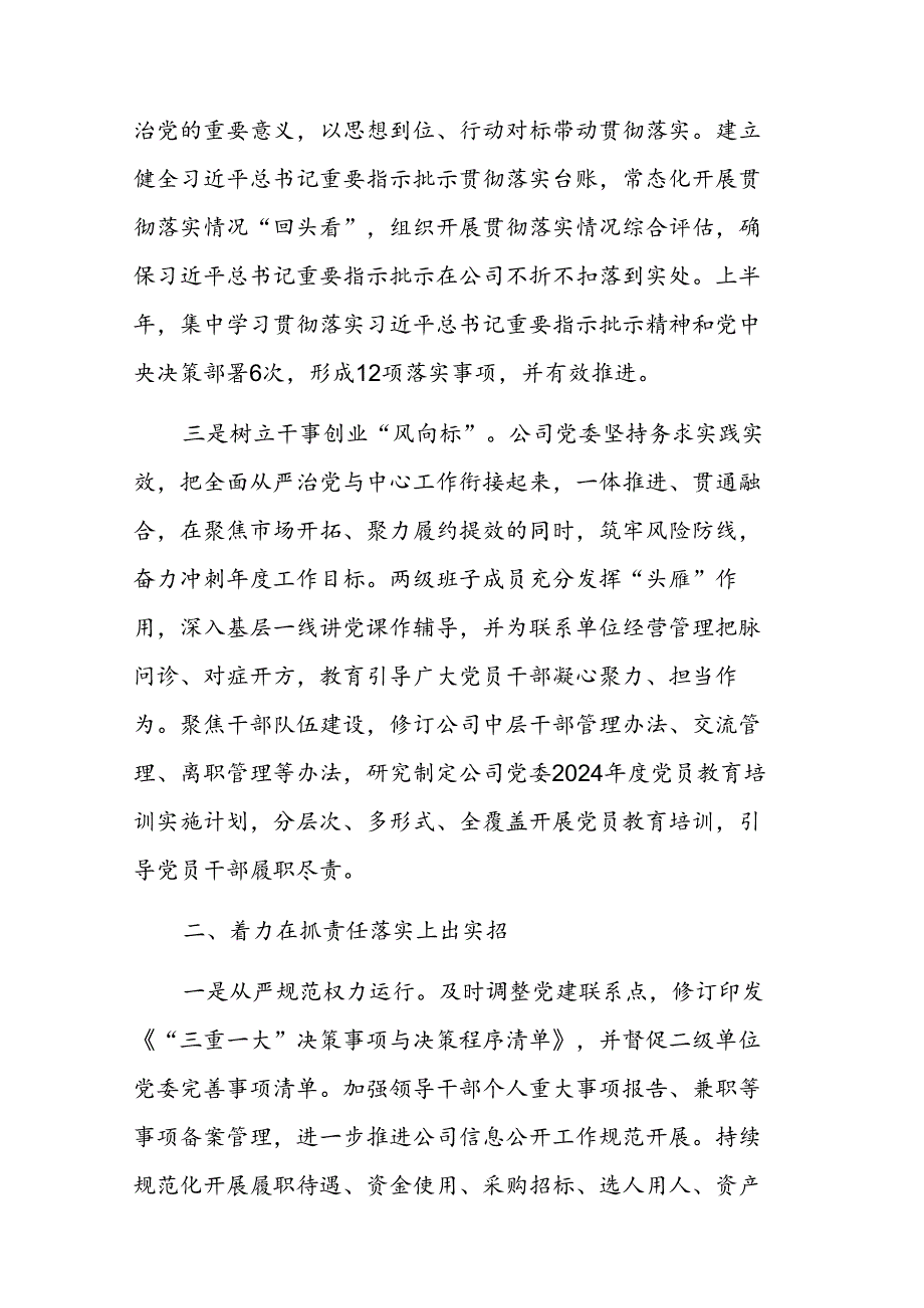 公司党委2024年上半年落实全面从严治党主体责任情况工作汇报范文.docx_第2页