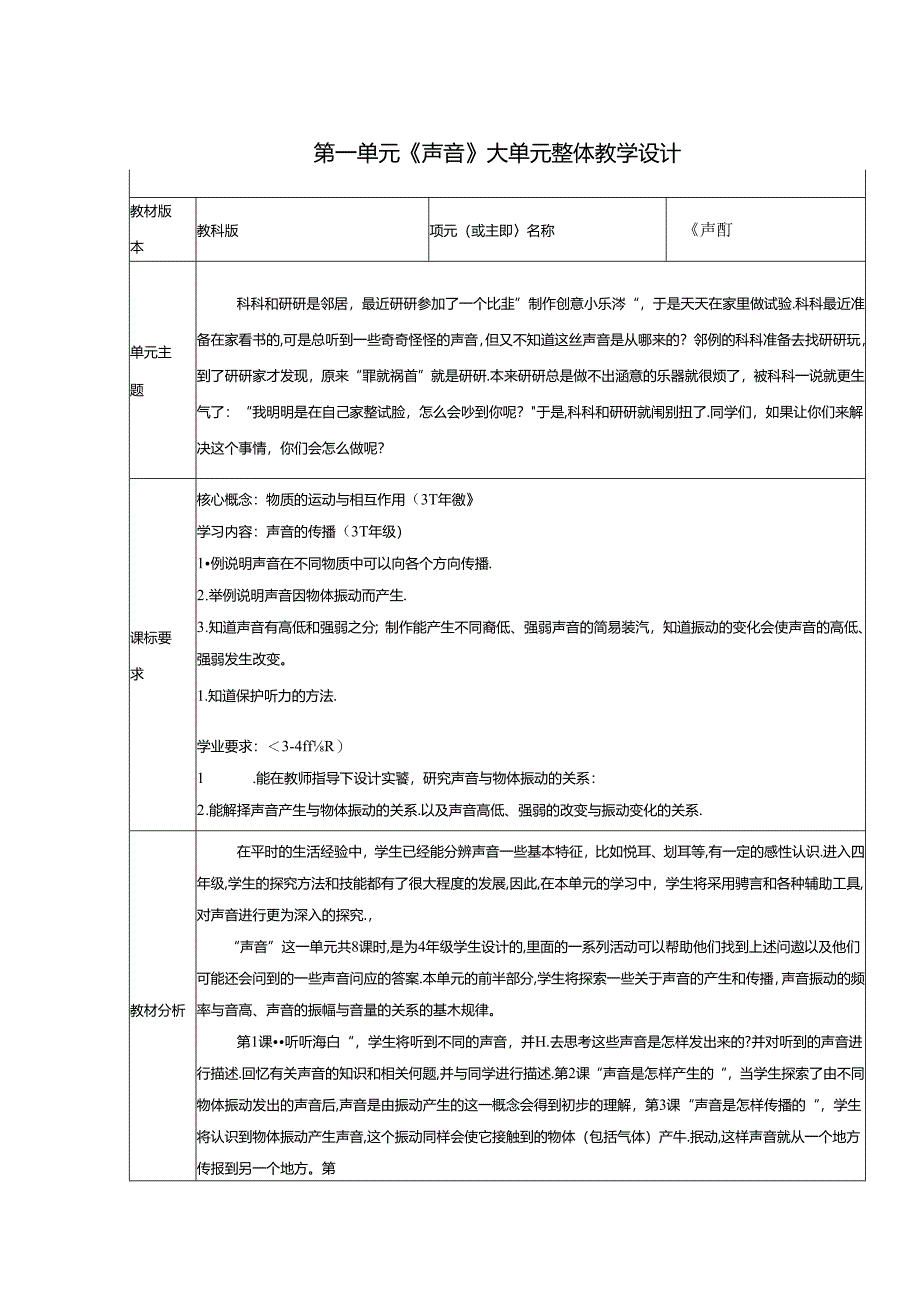 【大单元整体教学】教科版科学四上第一单元《声音》单元整体分析.docx_第1页