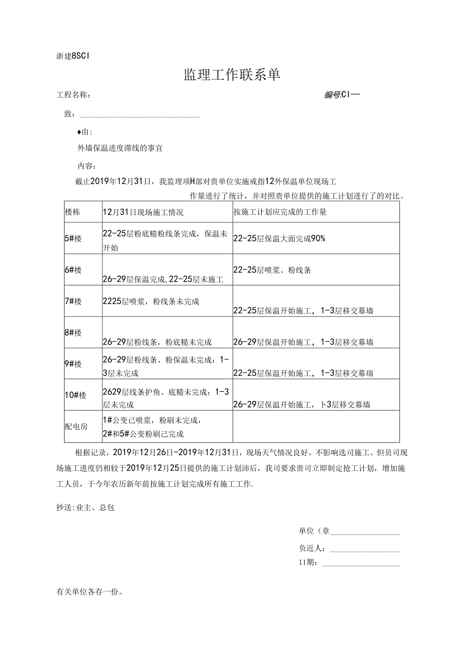 [监理资料][监理通知单]外墙保温进度滞缓的事宜.docx_第1页