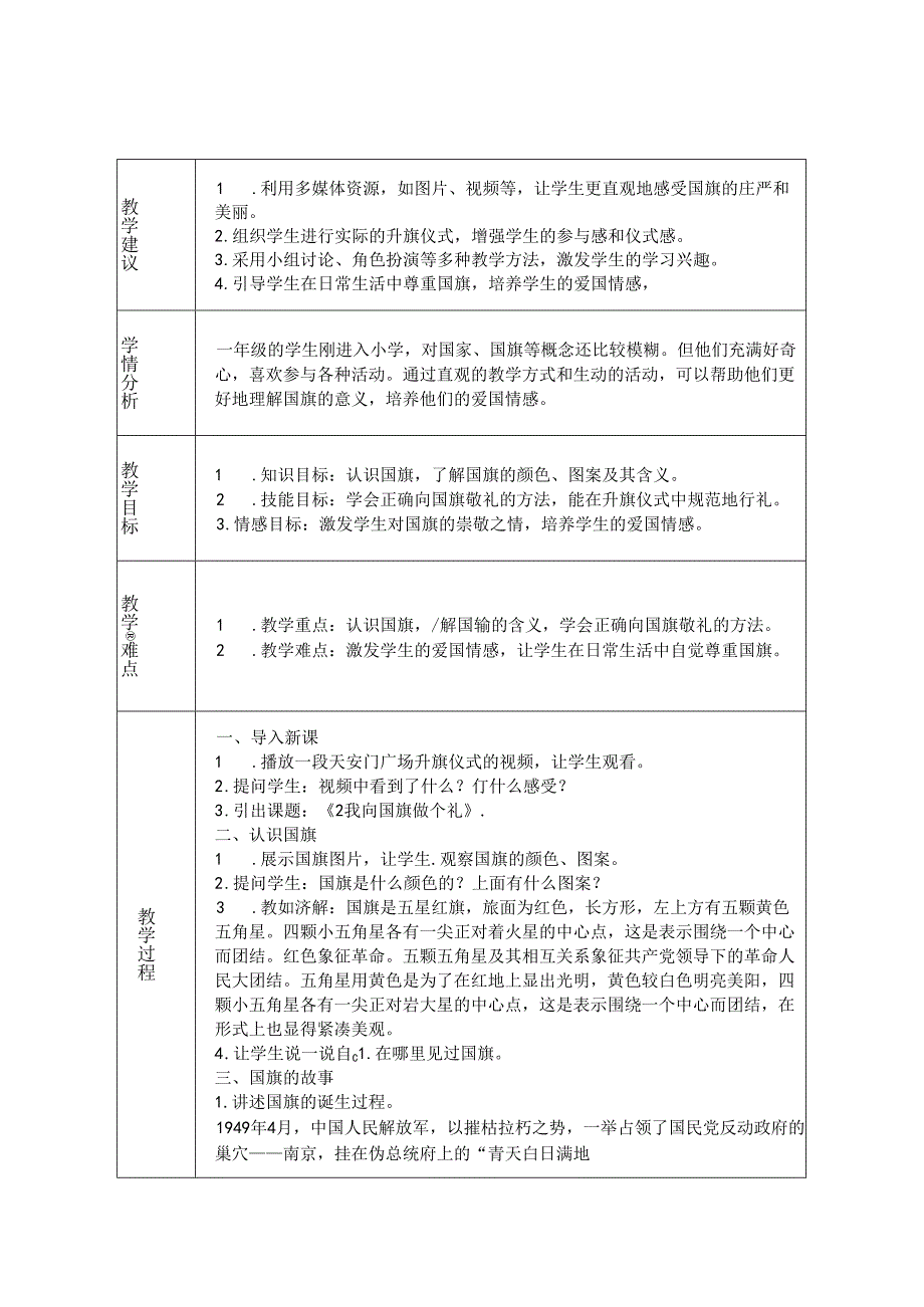 《2 我向国旗敬个礼》教学设计-2024-2025学年道德与法治一年级上册统编版（表格版）.docx_第1页