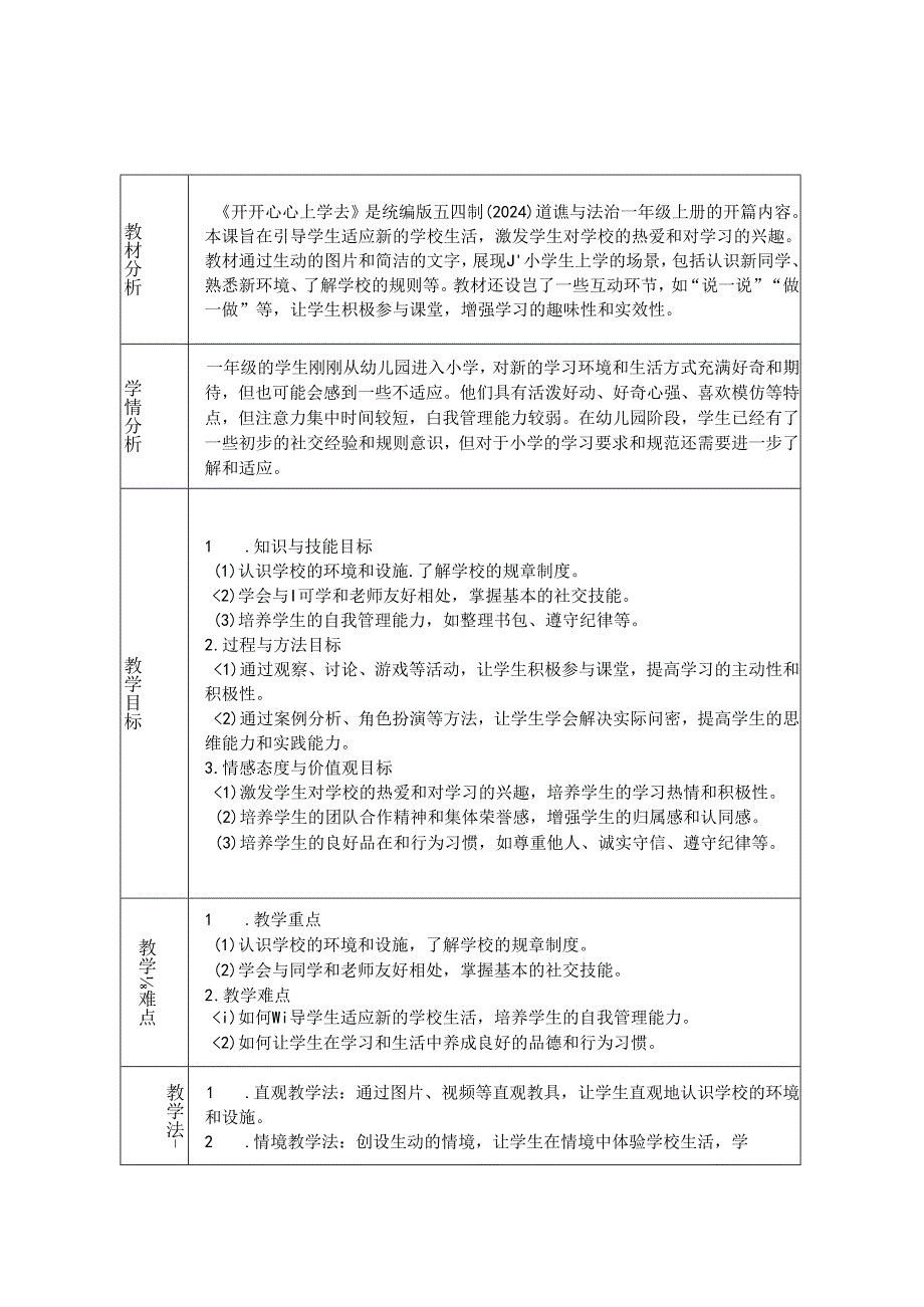 《1 开开心心上学去》教学设计2024-2025学年道德与法治一年级上册统编版五四制（2024）.docx_第1页