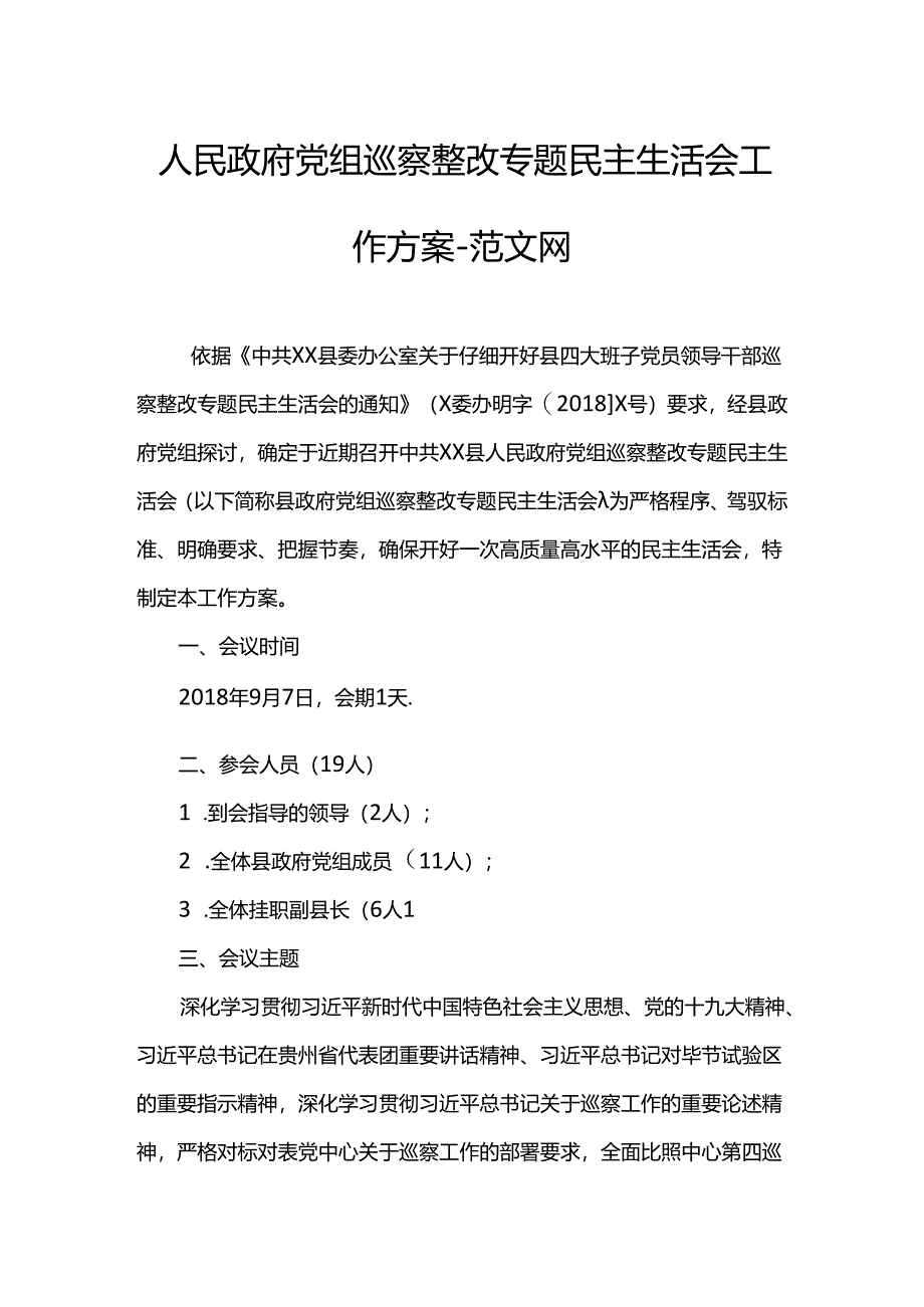 人民政府党组巡视整改专题民主生活会工作方案---范文网.docx_第1页