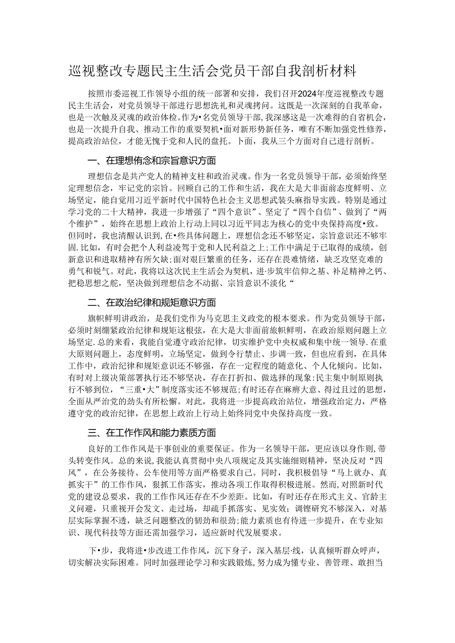 巡视整改专题民主生活会党员干部自我剖析材料.docx_第1页