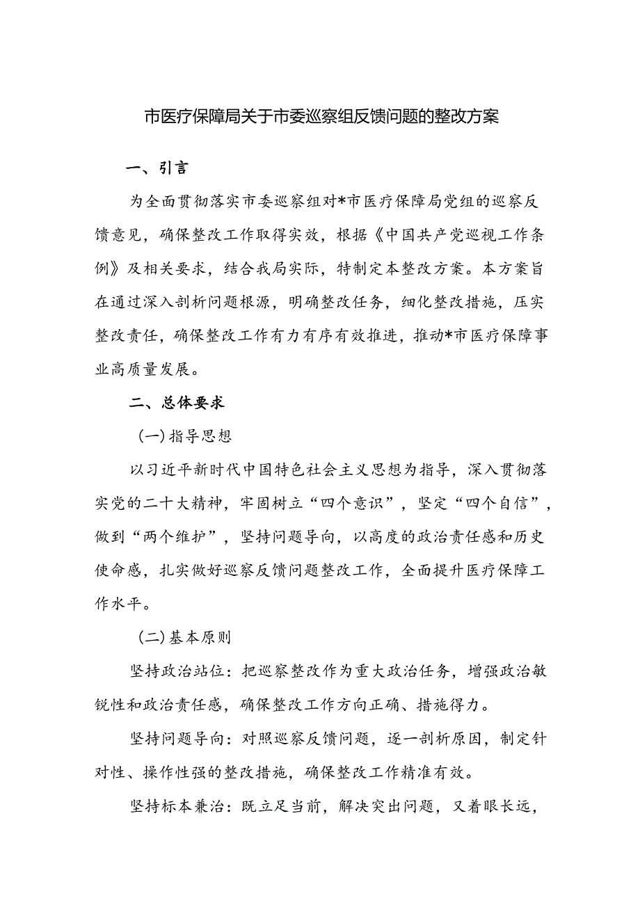 2024市医疗保障局关于市委巡察组反馈问题的整改方案.docx_第1页